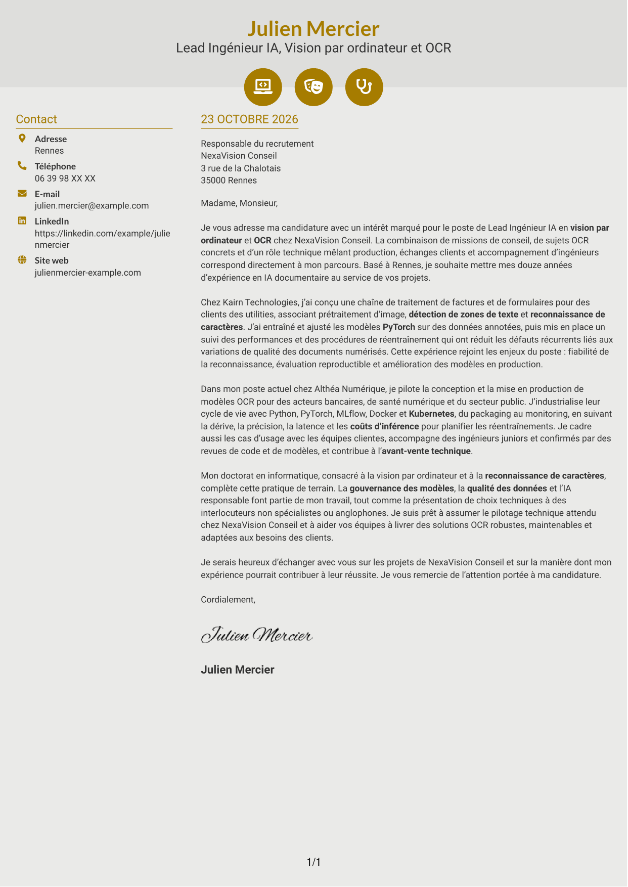 Lettre de motivation Dynamique (format à deux colonnes avec icônes) : Lead Ingénieur IA - Vision par ordinateur et OCR, page 1