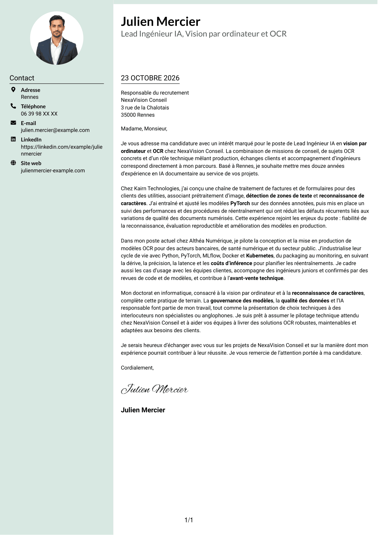 Lettre de motivation Cadre (format à colonne latérale douce avec photo arrondie) : Lead Ingénieur IA - Vision par ordinateur et OCR, page 1