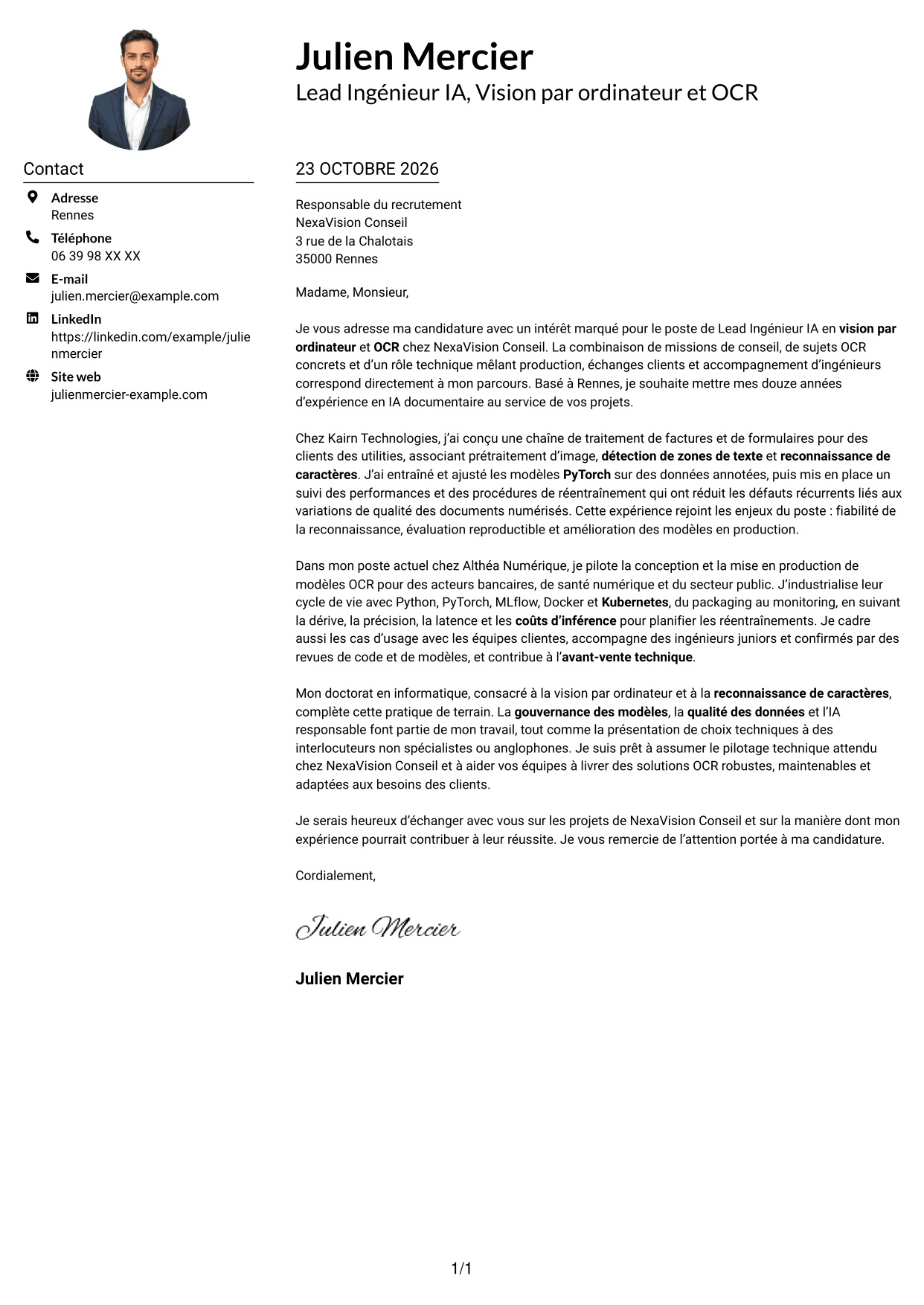 Exemple de lettre de motivation — page 1