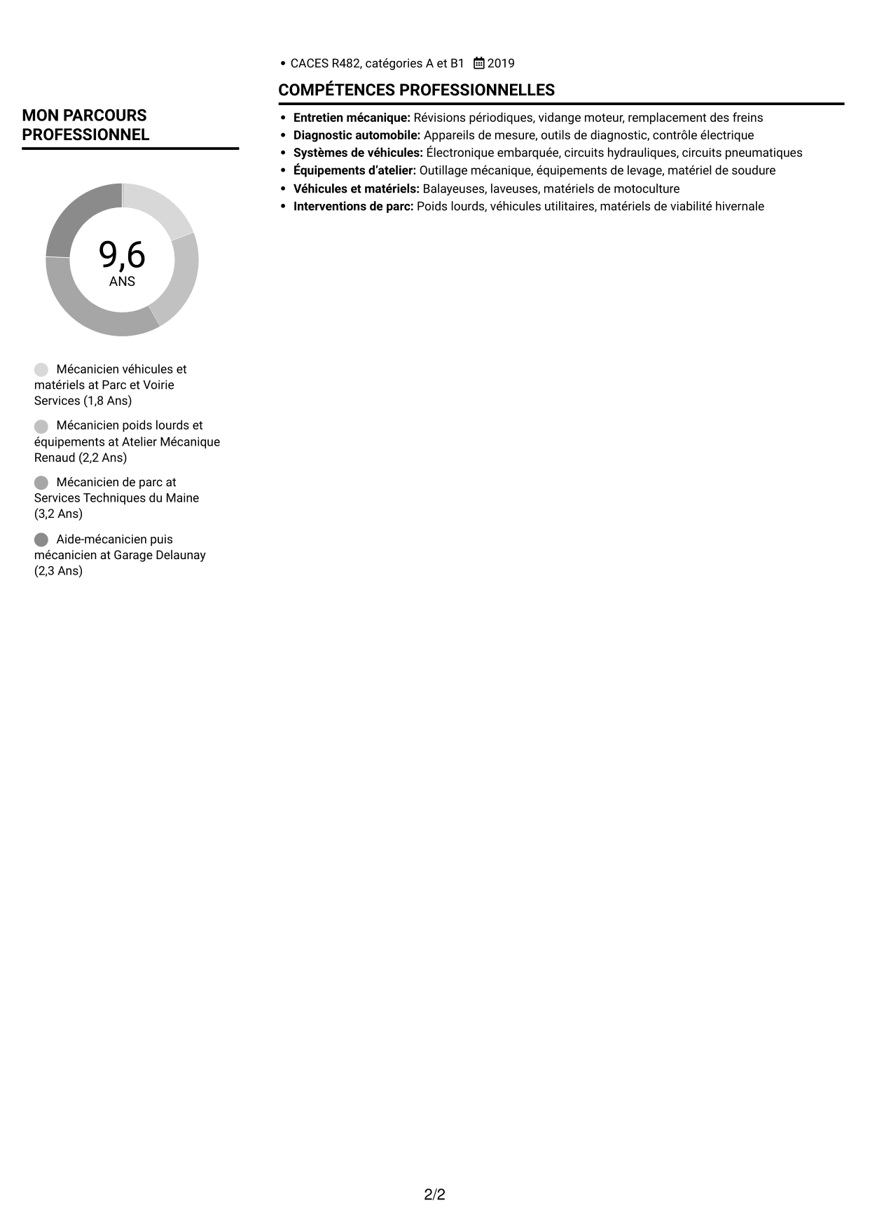CV Compact (format sobre à deux colonnes avec photo) : Mécanicien - Véhicules et matériels de voirie, page 2