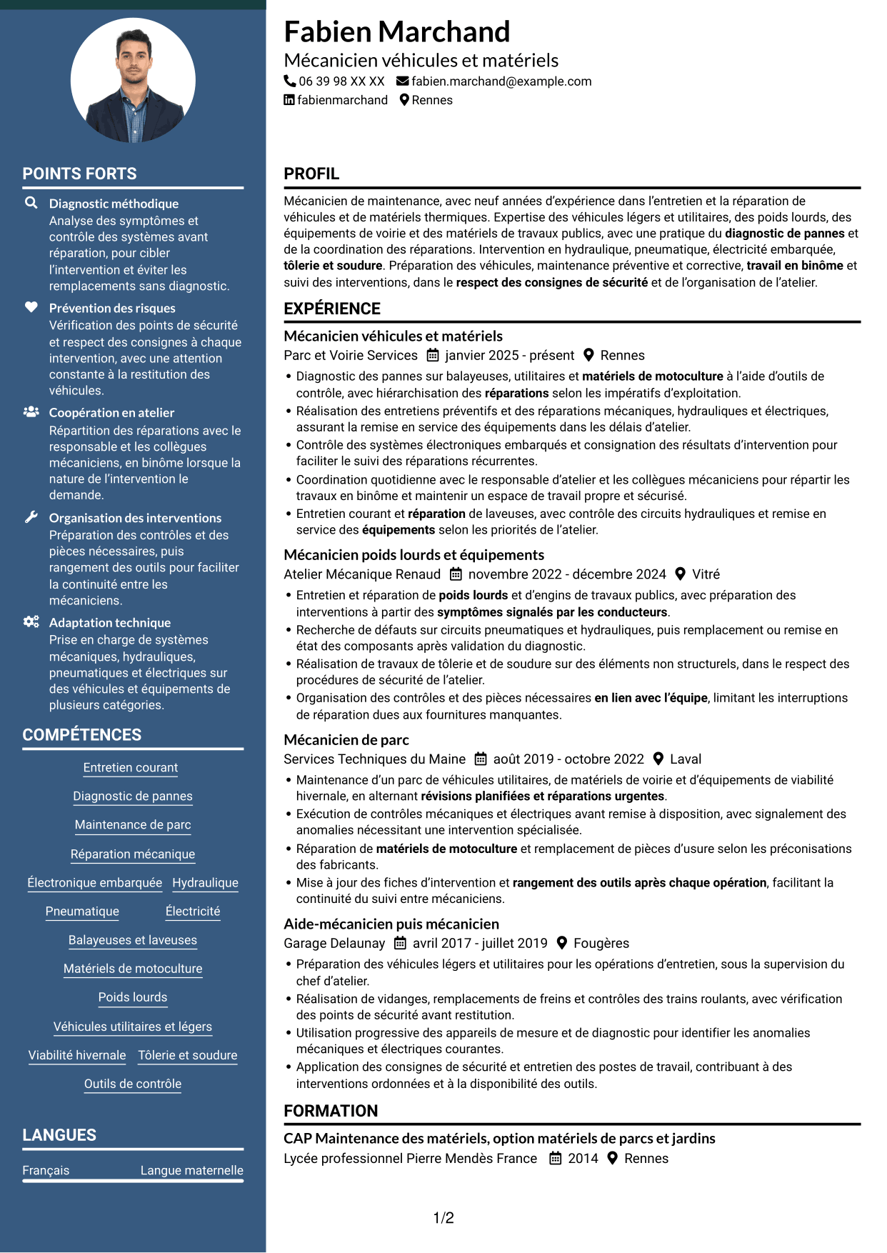 CV Élégant (format à colonne latérale colorée avec photo) : Mécanicien - Véhicules et matériels de voirie, page 1