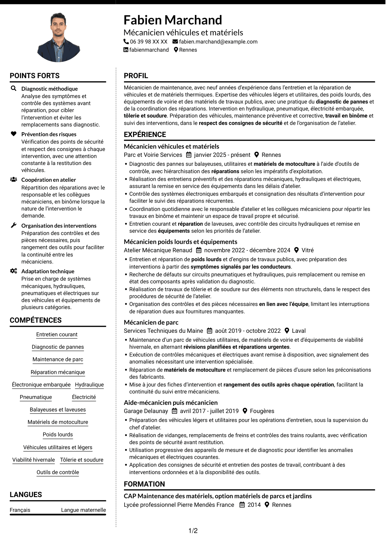 CV Moderne (format à deux colonnes avec photo à gauche et séparateur) : Mécanicien - Véhicules et matériels de voirie, page 1