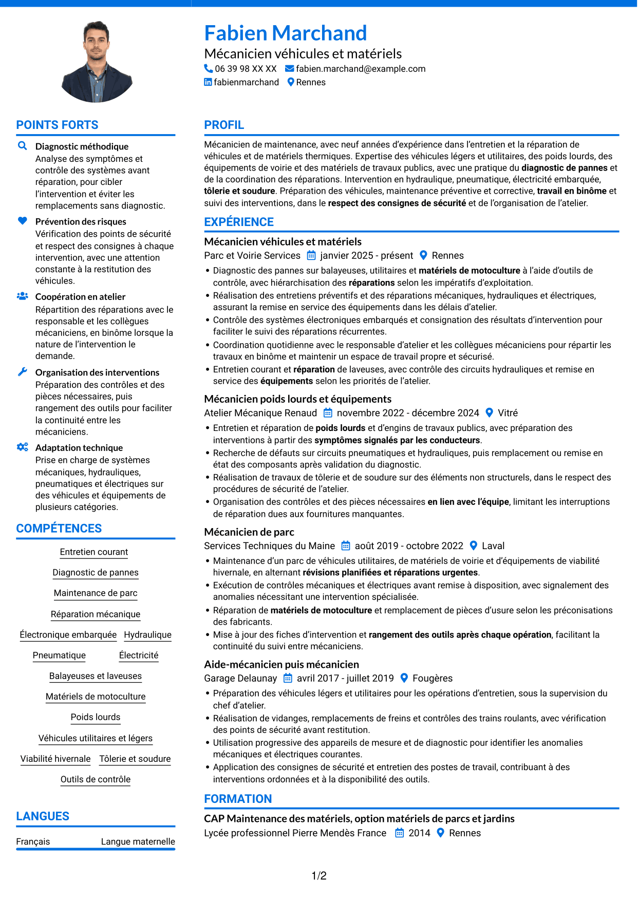 CV Audacieux (format à deux colonnes avec accents colorés et photo) : Mécanicien - Véhicules et matériels de voirie, page 1