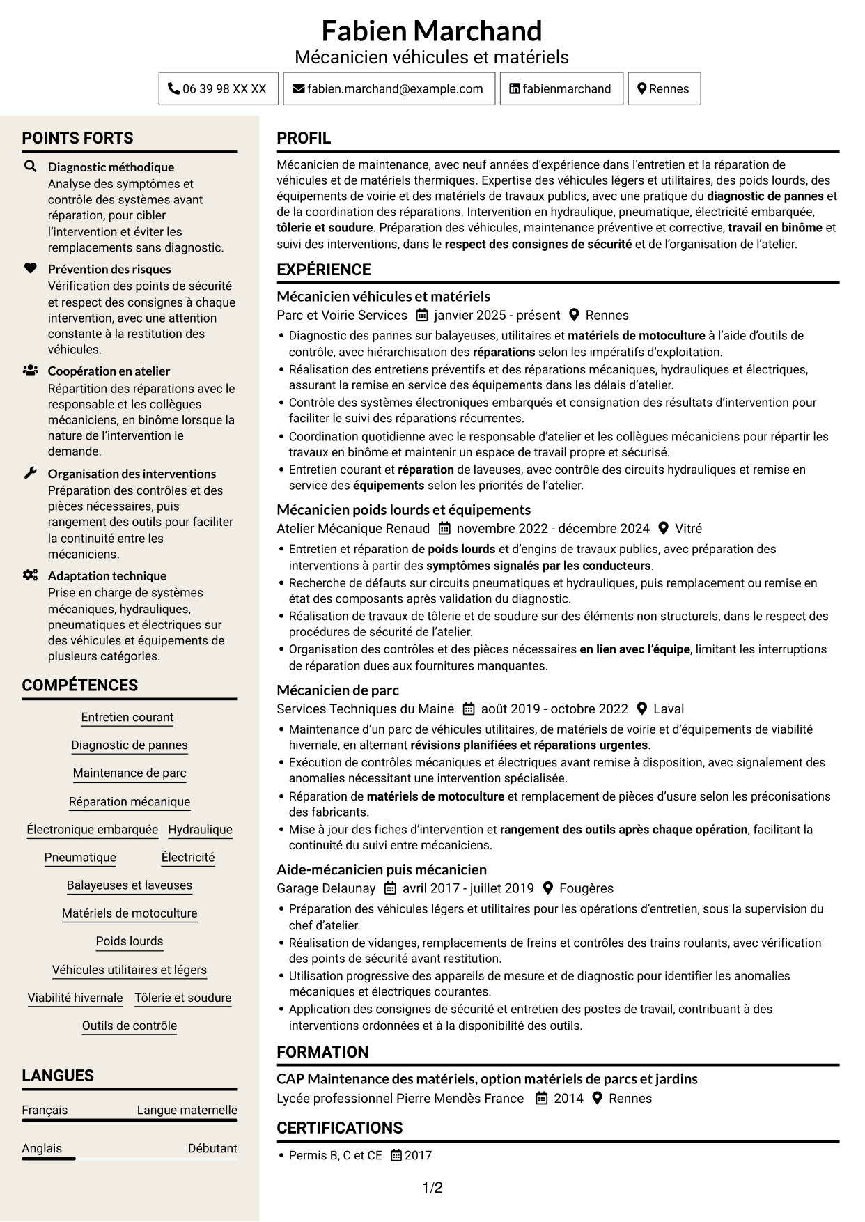 CV Fonceur (format à deux colonnes avec en-tête centré sans photo) : Mécanicien - Véhicules et matériels de voirie, page 1