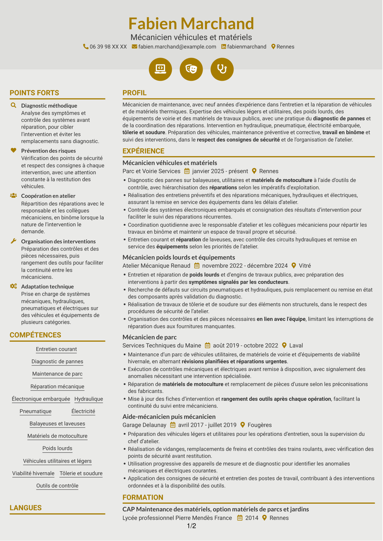 CV Dynamique (format à deux colonnes avec icônes) : Mécanicien - Véhicules et matériels de voirie, page 1