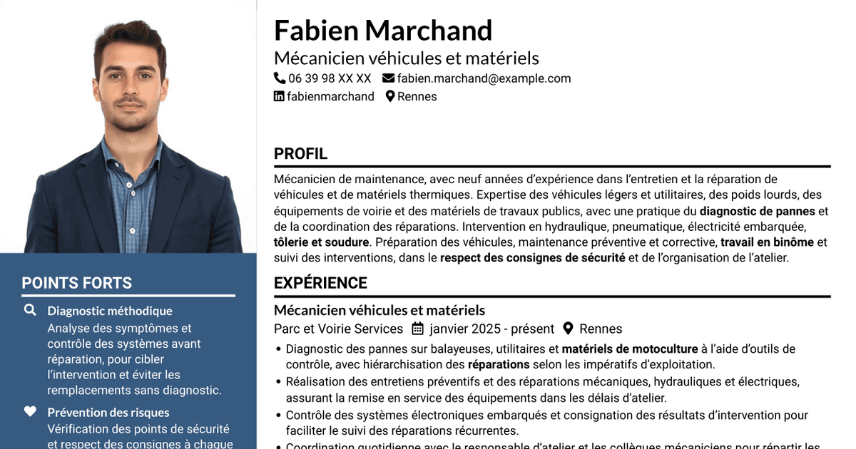 7 modèles de CV pour Mécanicien - Véhicules et matériels de voirie, avec exemples