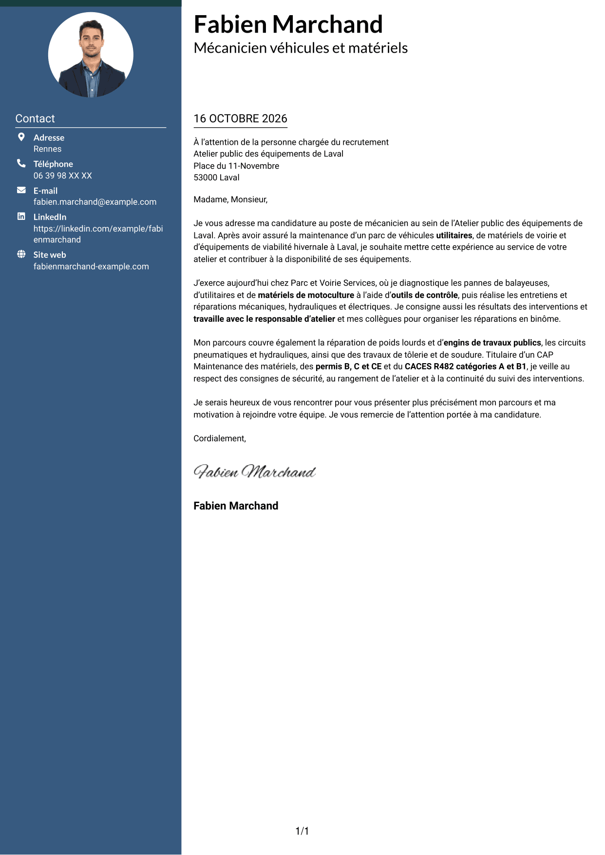 Lettre de motivation Élégant (format à colonne latérale colorée avec photo) : Mécanicien - Véhicules et matériels de voirie, page 1