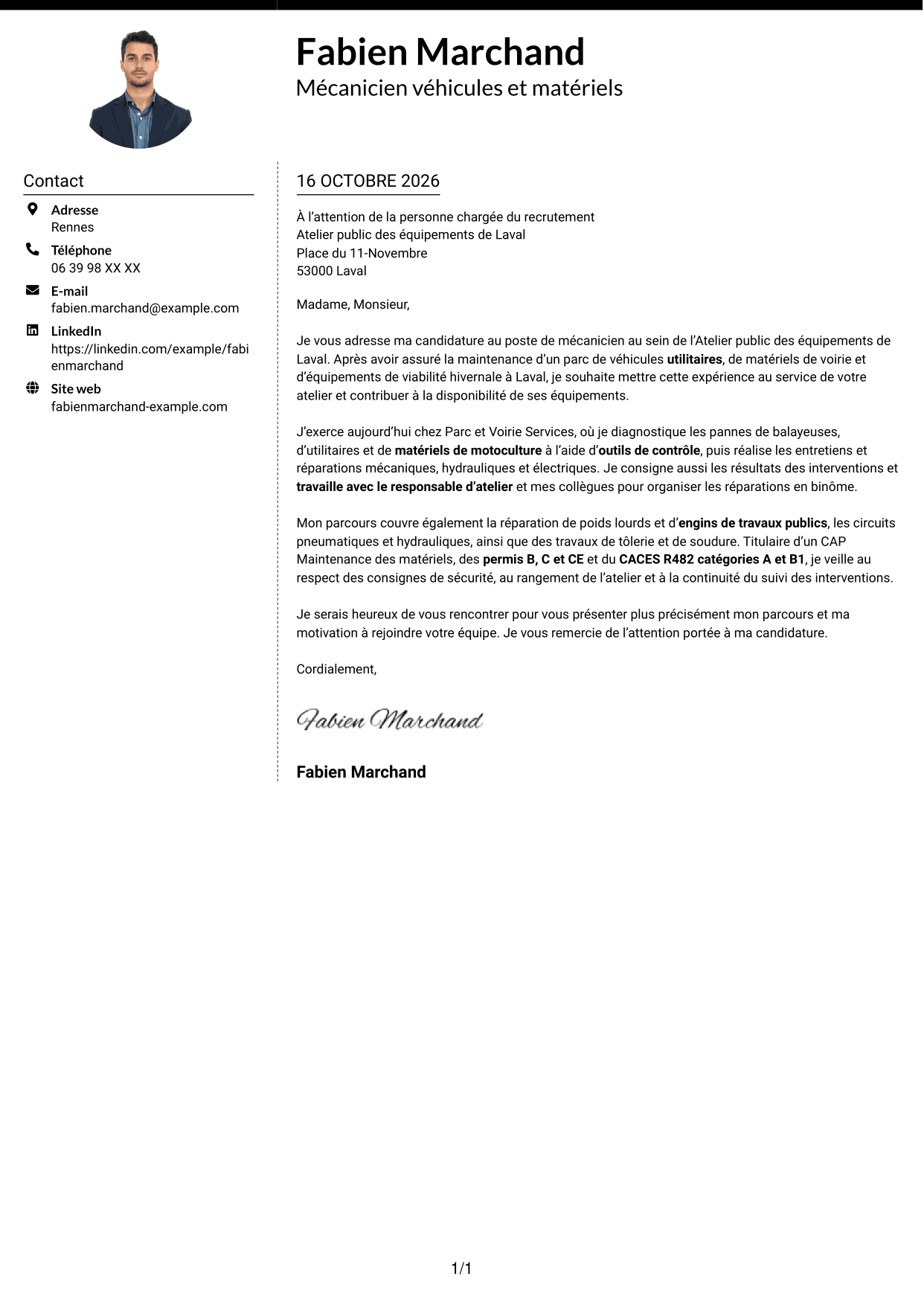 Lettre de motivation Moderne (format à deux colonnes avec photo à gauche et séparateur) : Mécanicien - Véhicules et matériels de voirie, page 1