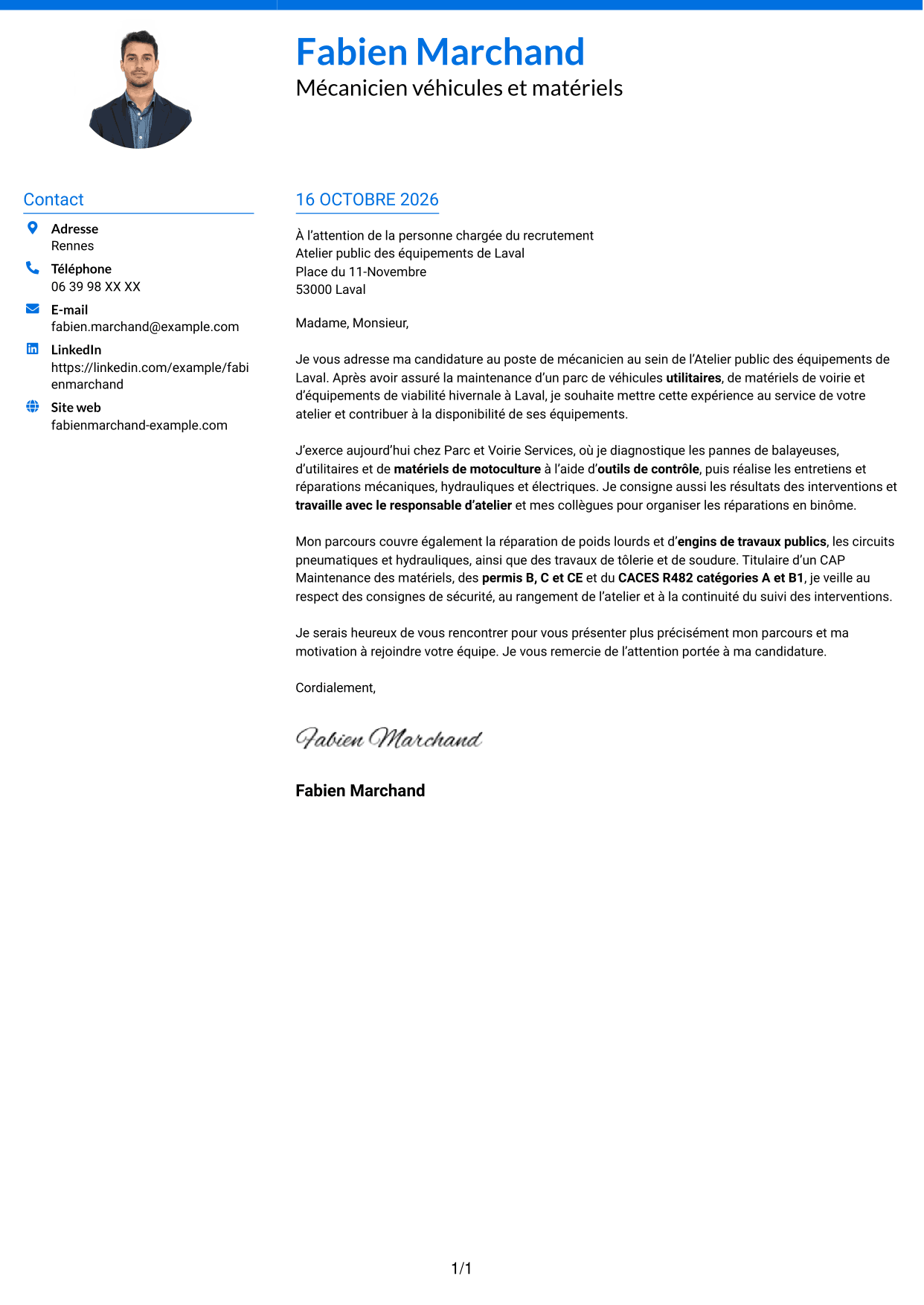 Lettre de motivation Audacieux (format à deux colonnes avec accents colorés et photo) : Mécanicien - Véhicules et matériels de voirie, page 1
