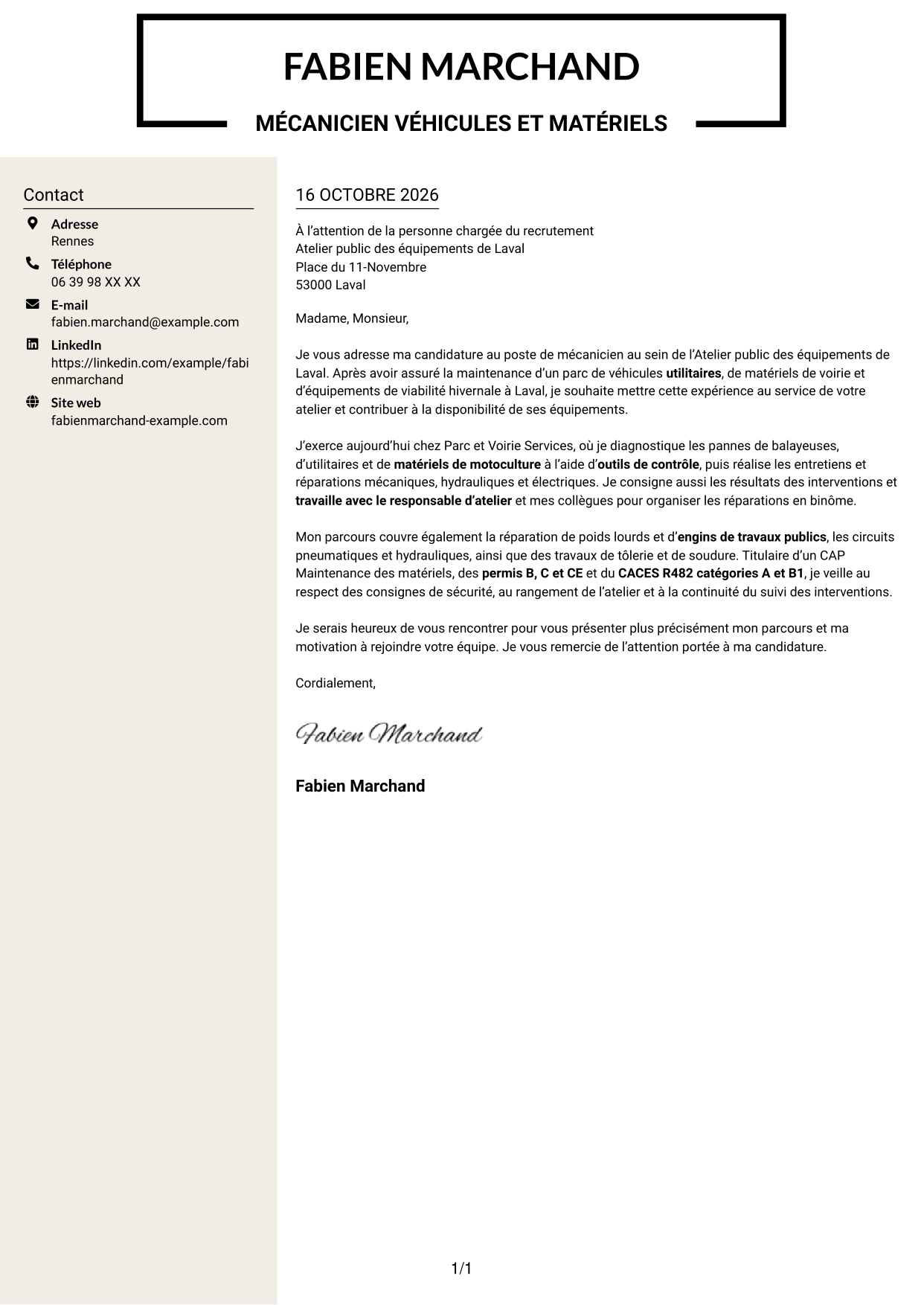 Lettre de motivation Fonceur (format à deux colonnes avec en-tête centré sans photo) : Mécanicien - Véhicules et matériels de voirie, page 1