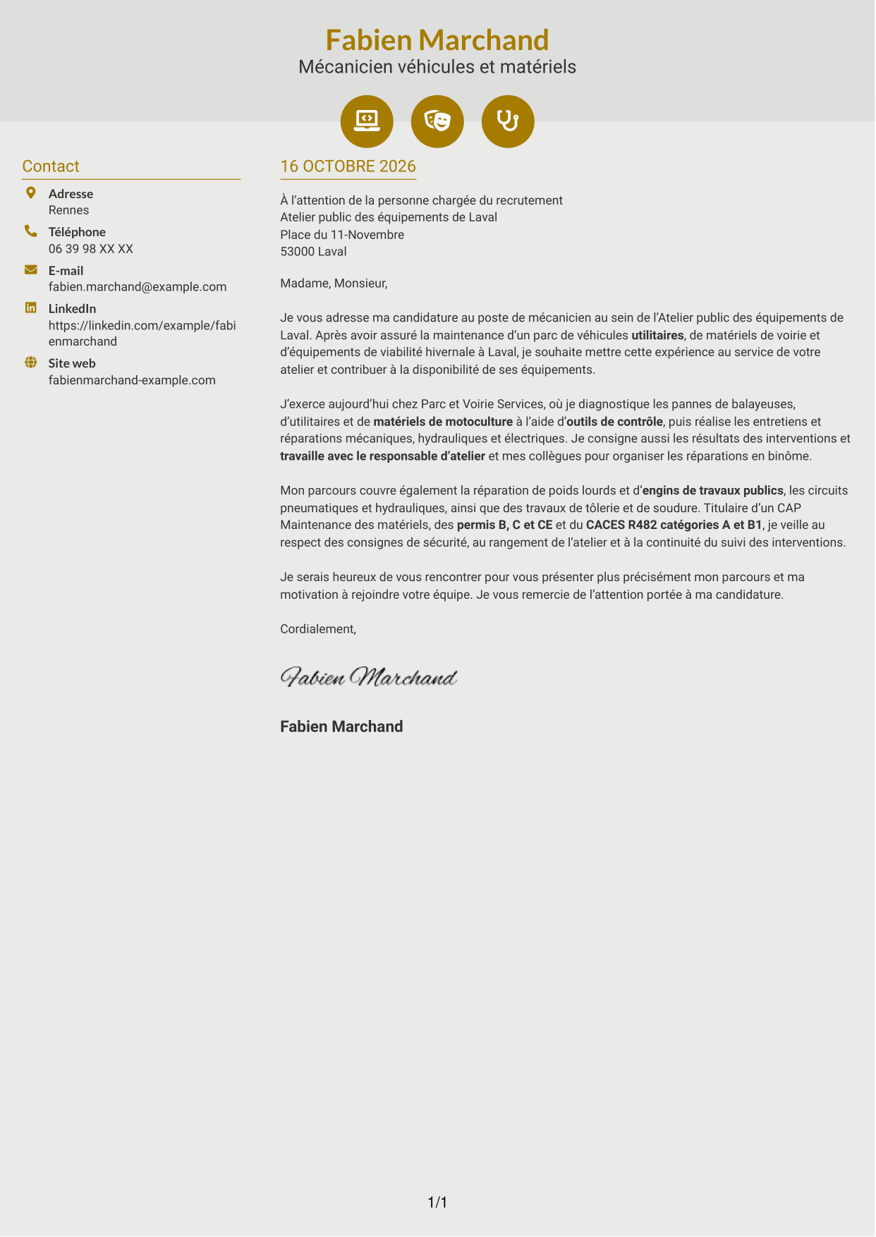 Lettre de motivation Dynamique (format à deux colonnes avec icônes) : Mécanicien - Véhicules et matériels de voirie, page 1