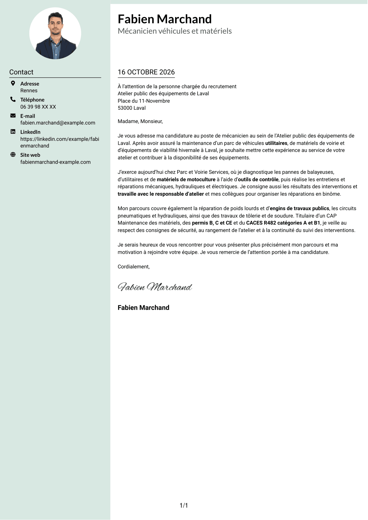 Lettre de motivation Cadre (format à colonne latérale douce avec photo arrondie) : Mécanicien - Véhicules et matériels de voirie, page 1