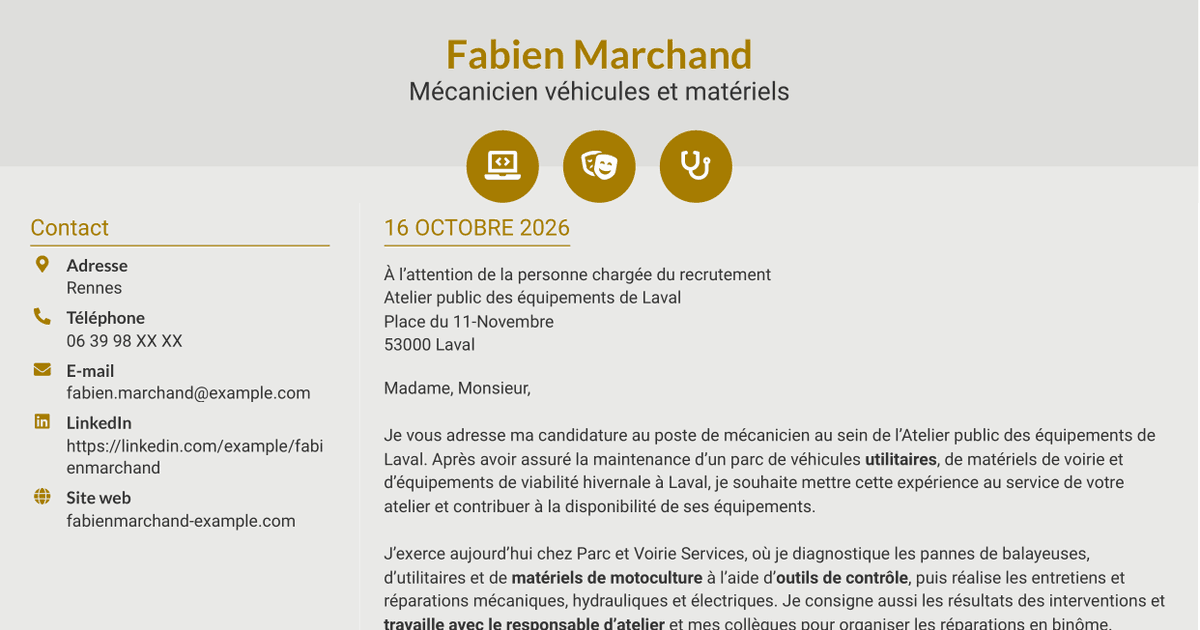 7 modèles de lettre de motivation pour Mécanicien - Véhicules et matériels de voirie, avec exemples