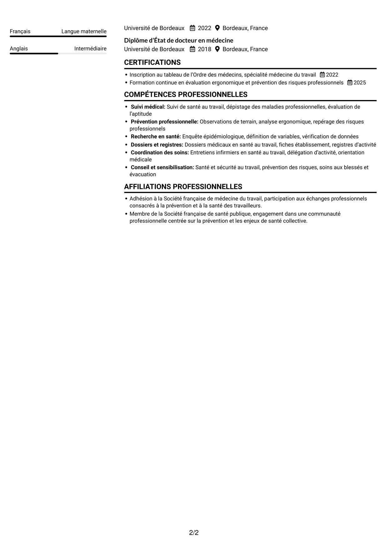 CV Compact (format sobre à deux colonnes avec photo) : Médecin spécialiste en médecine de prévention, page 2