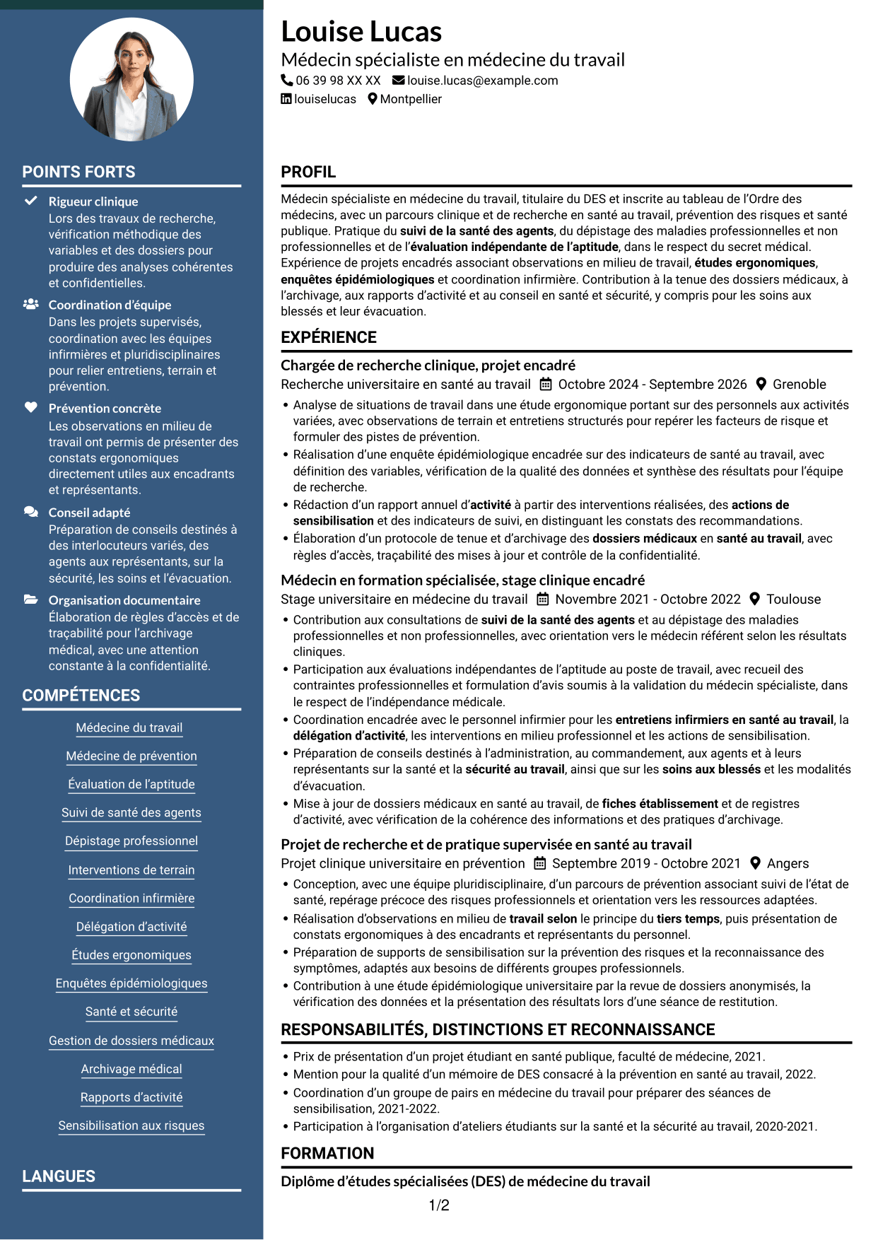 CV Élégant (format à colonne latérale colorée avec photo) : Médecin spécialiste en médecine de prévention, page 1