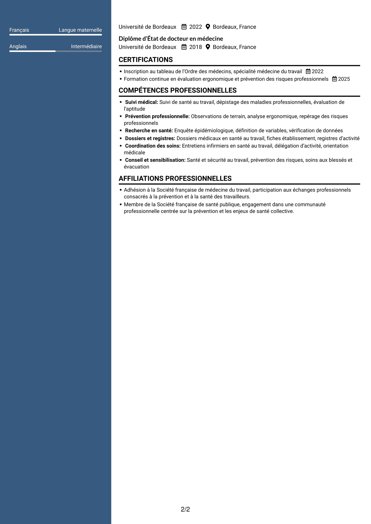 CV Élégant (format à colonne latérale colorée avec photo) : Médecin spécialiste en médecine de prévention, page 2