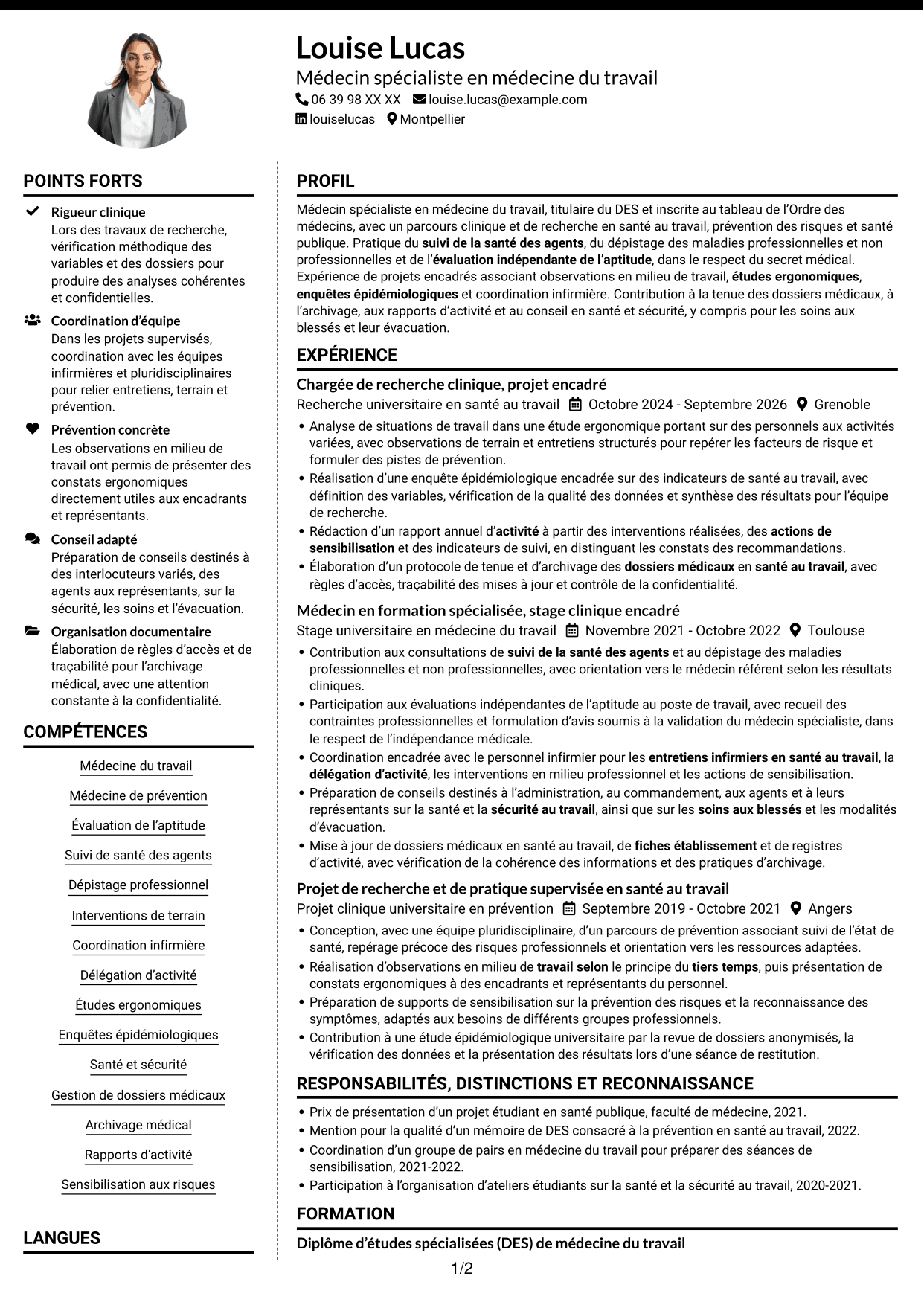 CV Moderne (format à deux colonnes avec photo à gauche et séparateur) : Médecin spécialiste en médecine de prévention, page 1