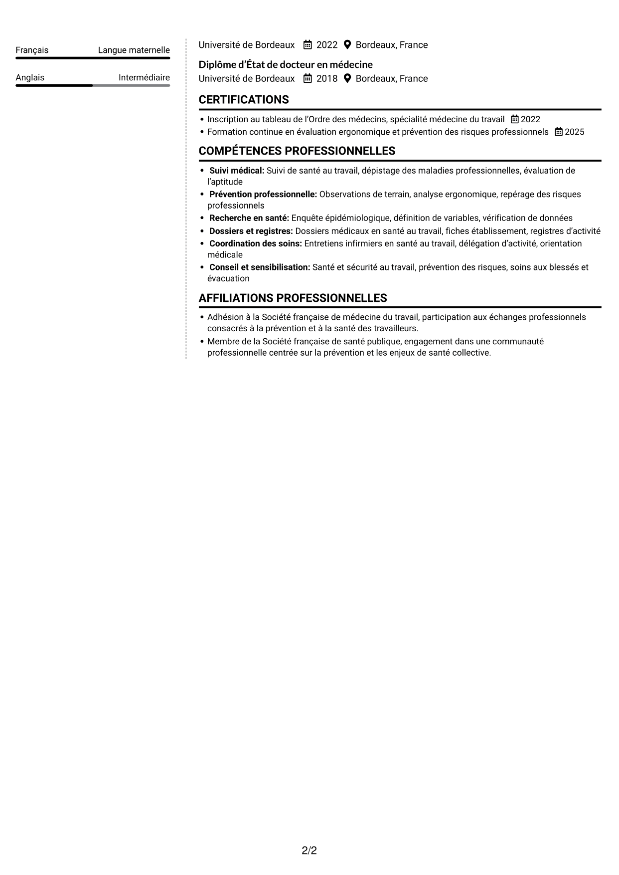 CV Moderne (format à deux colonnes avec photo à gauche et séparateur) : Médecin spécialiste en médecine de prévention, page 2