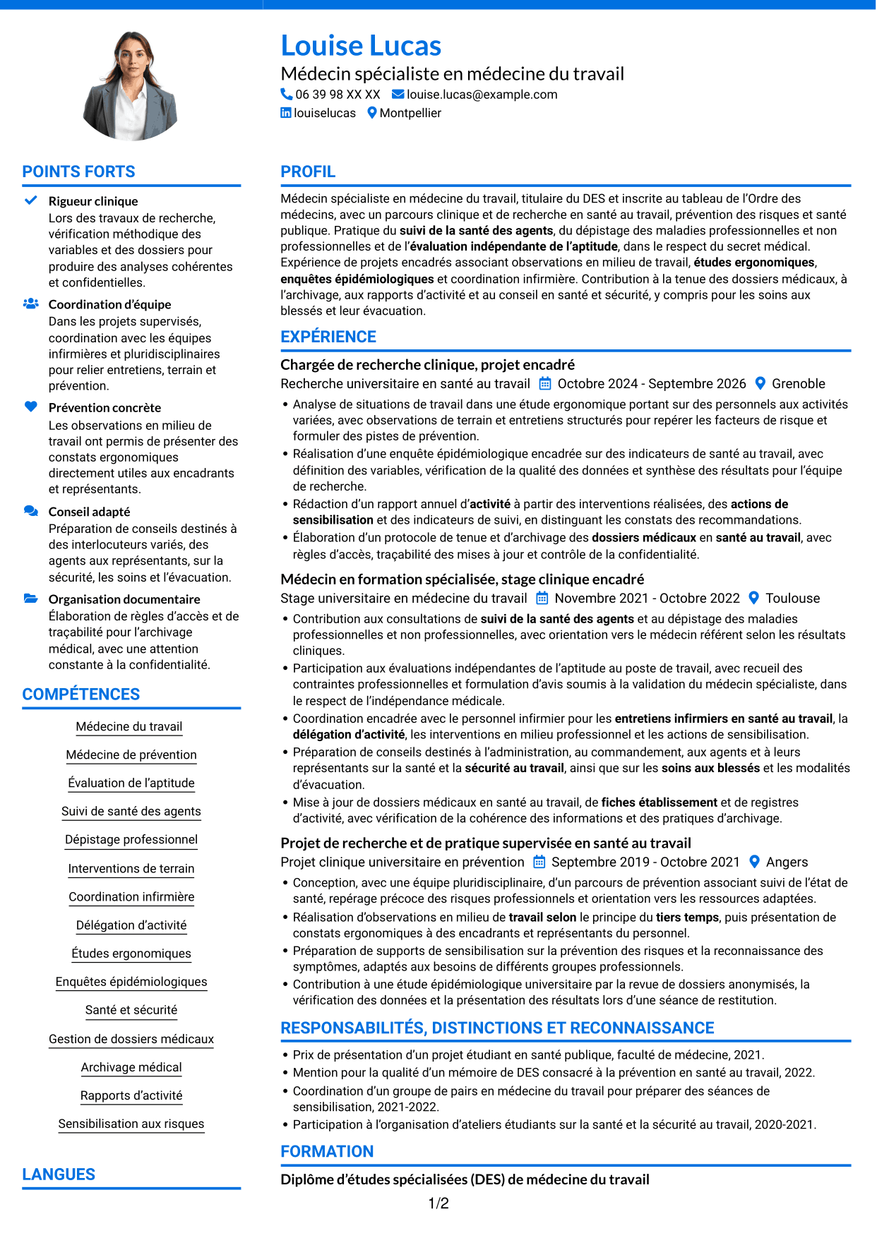 CV Audacieux (format à deux colonnes avec accents colorés et photo) : Médecin spécialiste en médecine de prévention, page 1