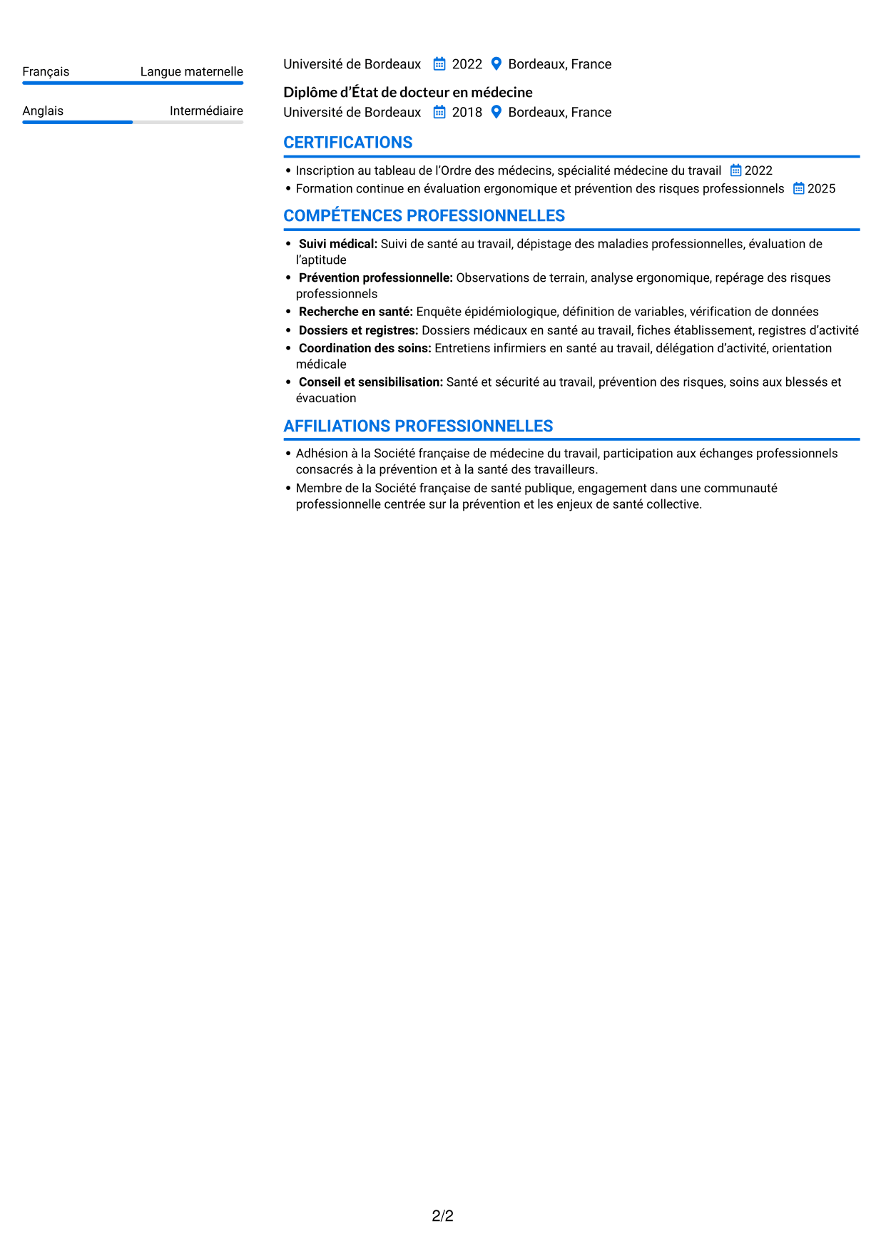 CV Audacieux (format à deux colonnes avec accents colorés et photo) : Médecin spécialiste en médecine de prévention, page 2