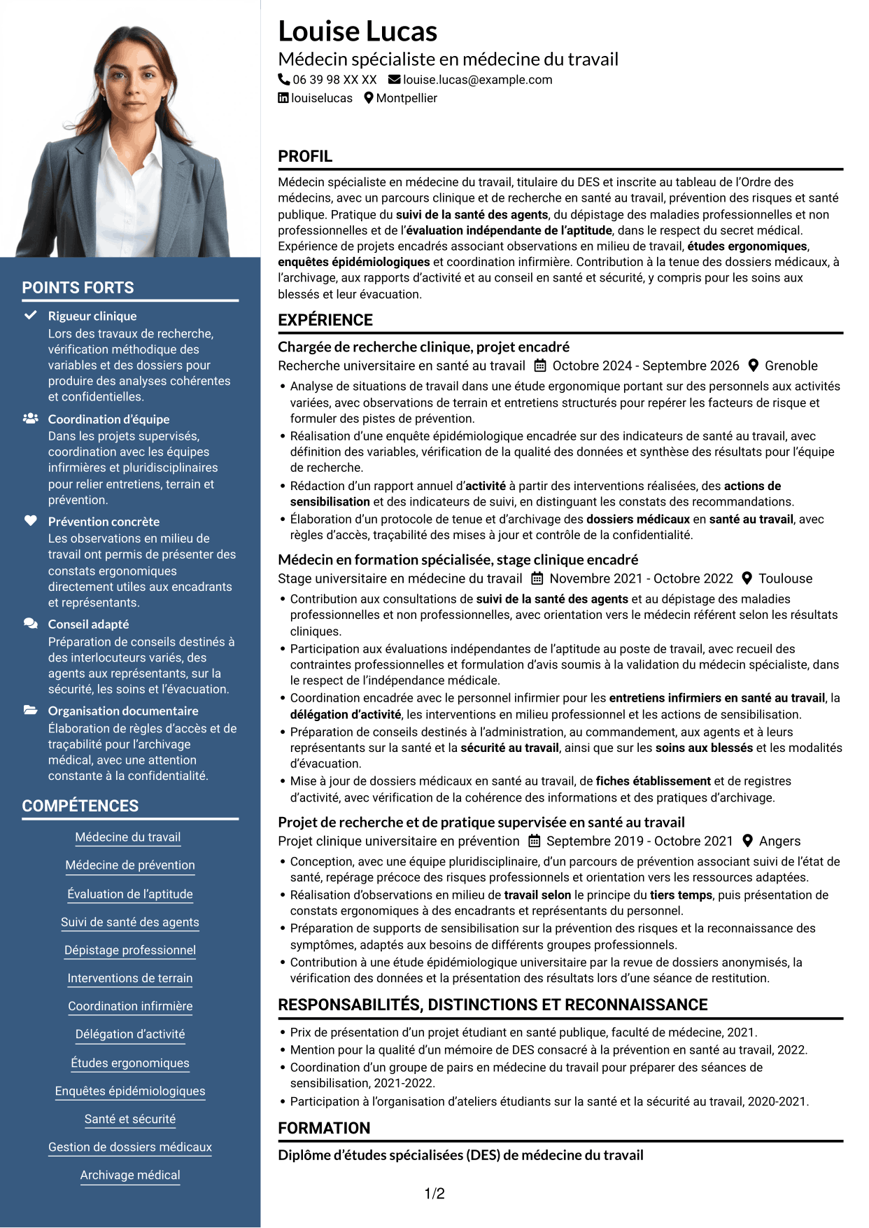 CV Signature (format à colonne latérale colorée avec grande photo) : Médecin spécialiste en médecine de prévention, page 1