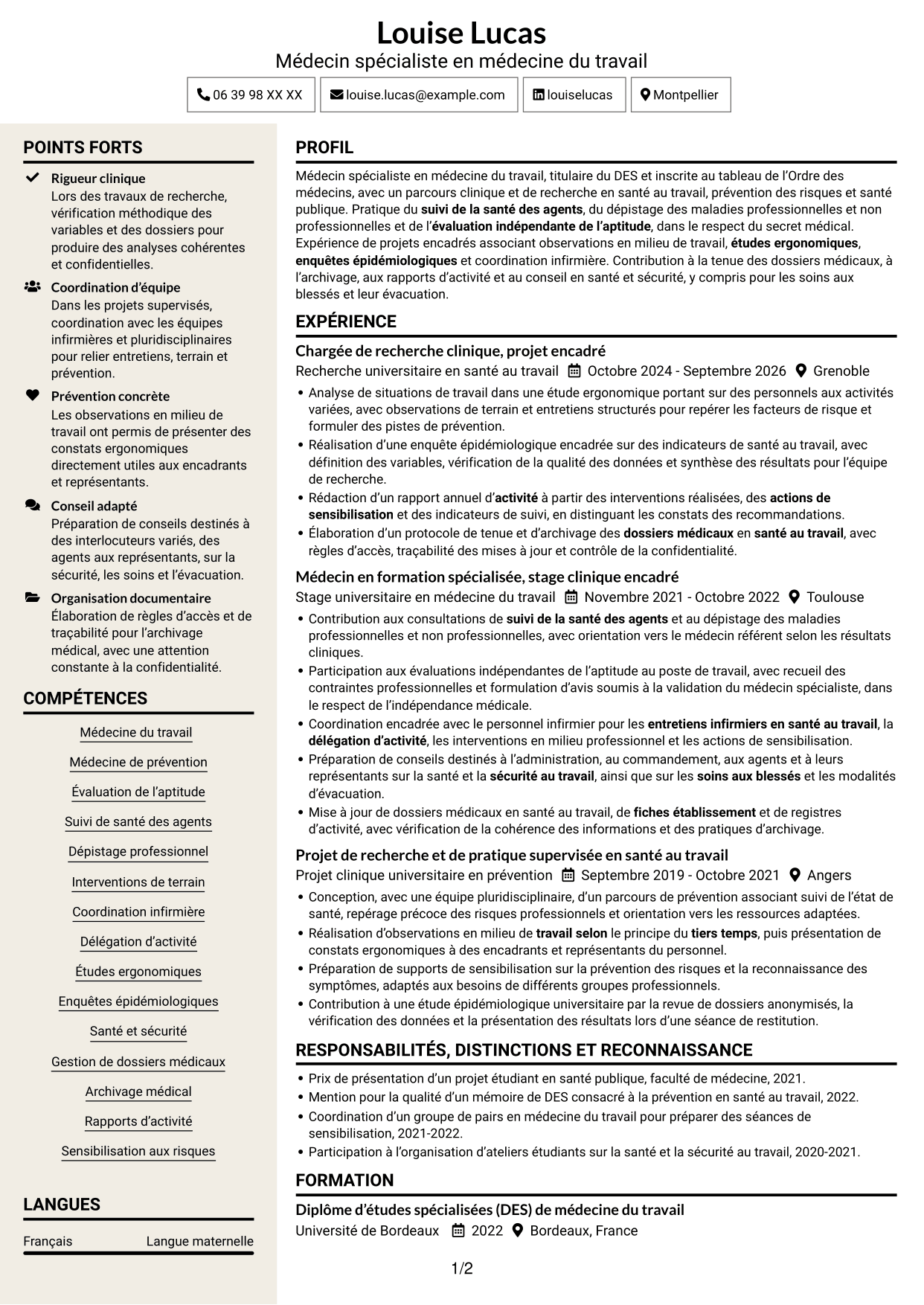 CV Fonceur (format à deux colonnes avec en-tête centré sans photo) : Médecin spécialiste en médecine de prévention, page 1