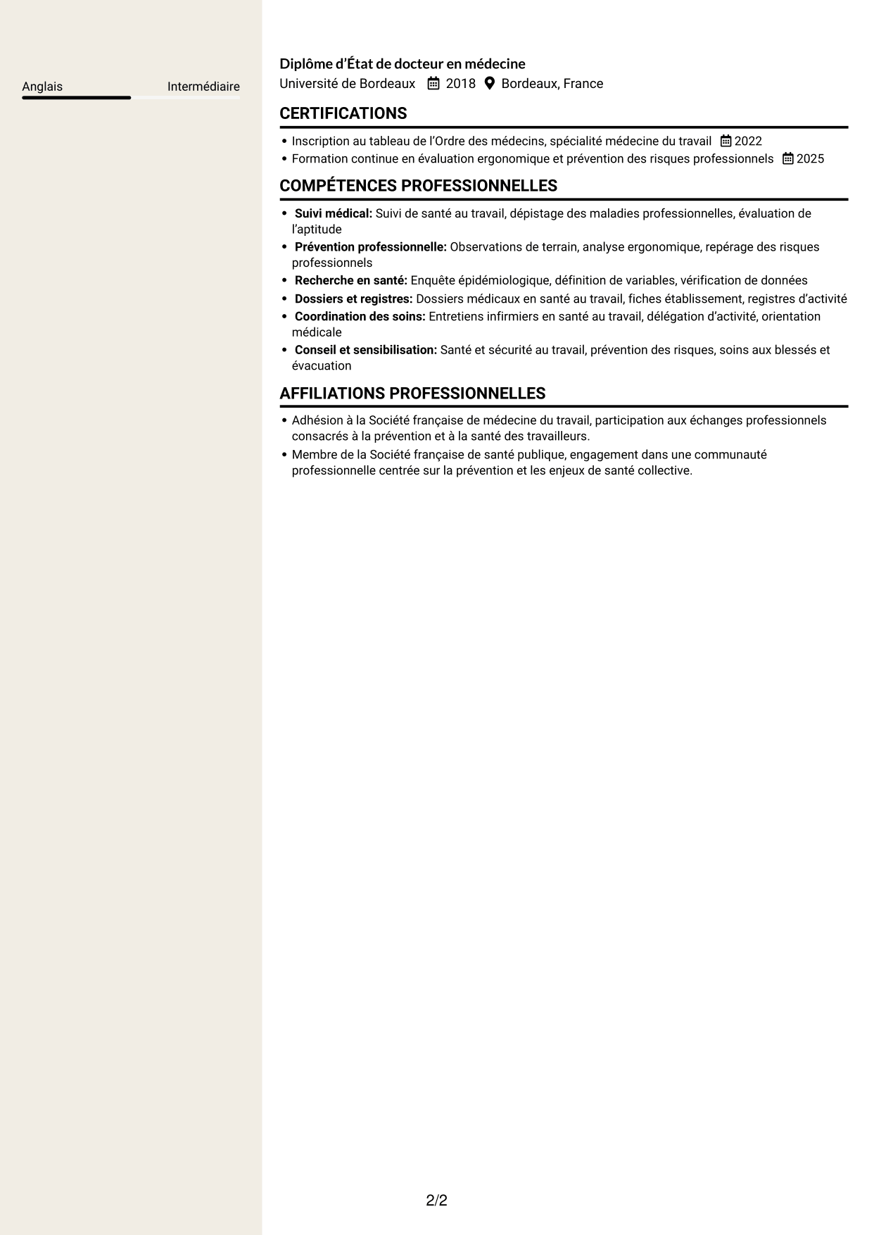 CV Fonceur (format à deux colonnes avec en-tête centré sans photo) : Médecin spécialiste en médecine de prévention, page 2