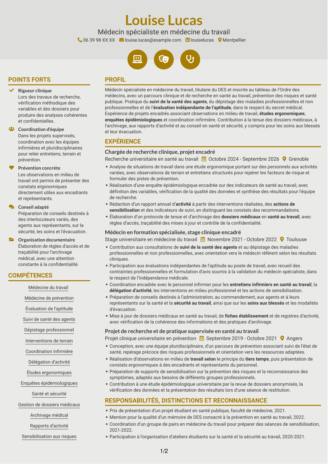 CV Dynamique (format à deux colonnes avec icônes) : Médecin spécialiste en médecine de prévention, page 1