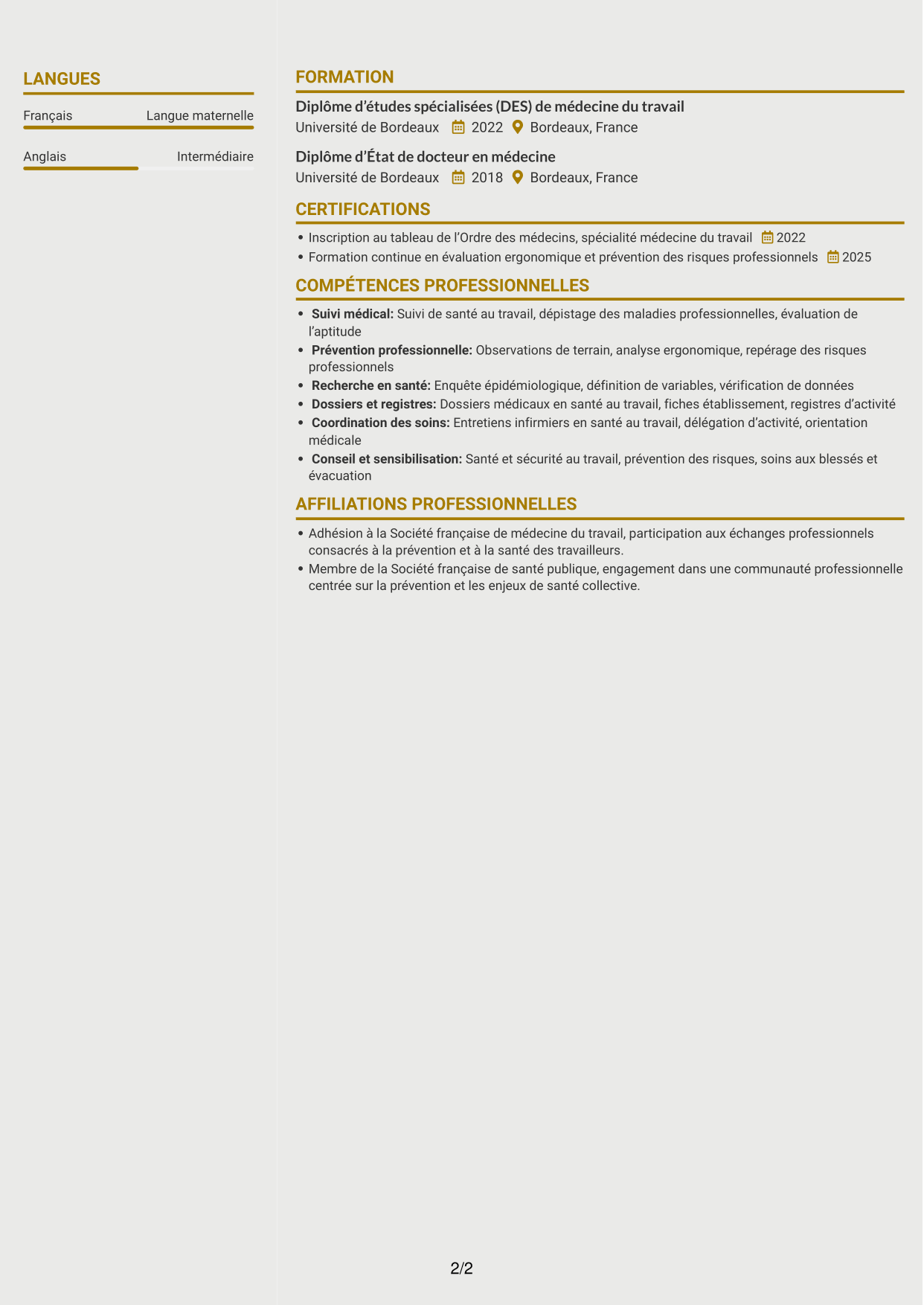 CV Dynamique (format à deux colonnes avec icônes) : Médecin spécialiste en médecine de prévention, page 2