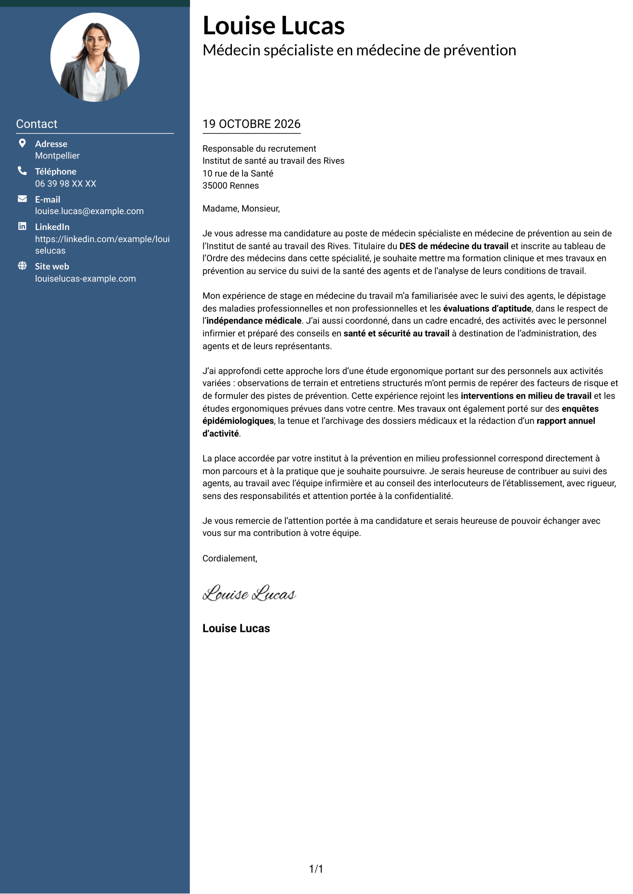 Lettre de motivation Élégant (format à colonne latérale colorée avec photo) : Médecin spécialiste en médecine de prévention, page 1