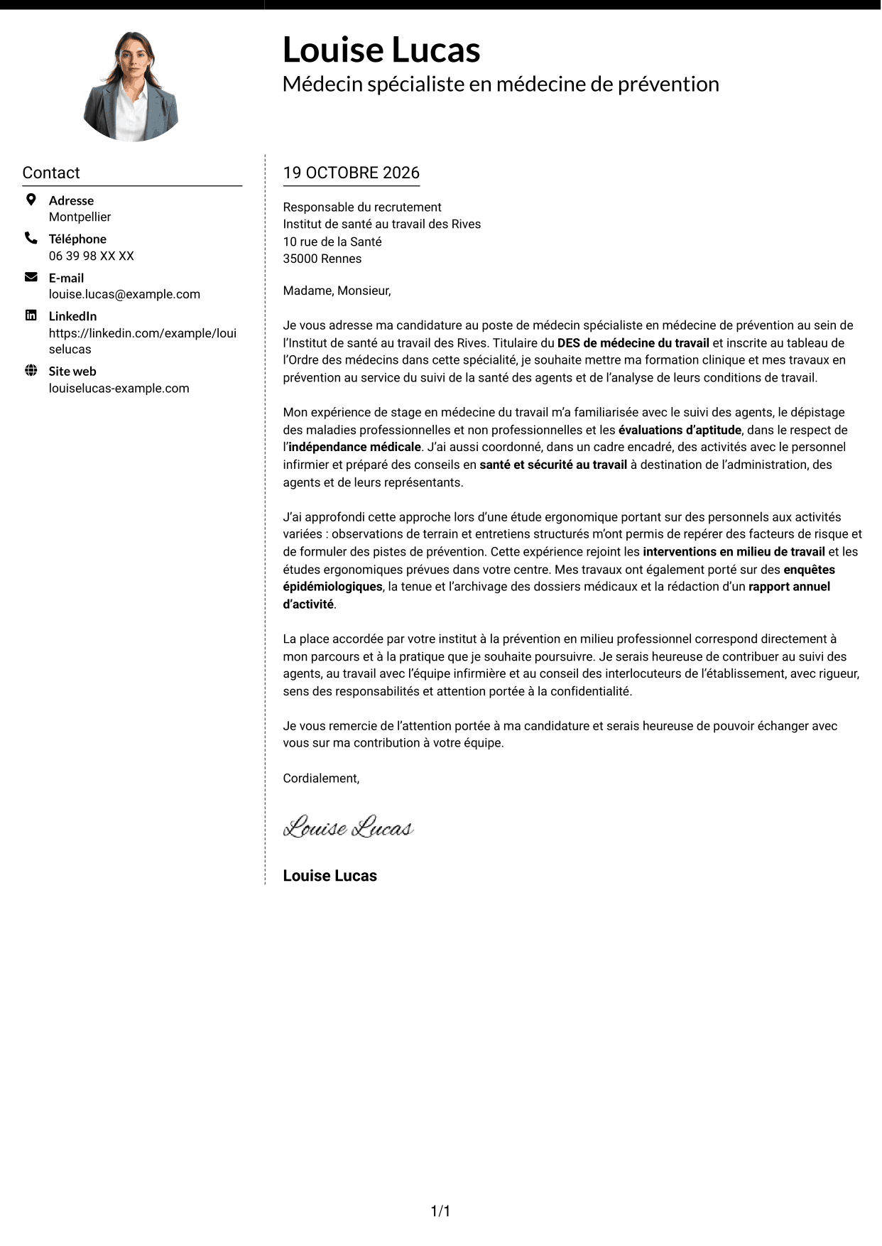 Lettre de motivation Moderne (format à deux colonnes avec photo à gauche et séparateur) : Médecin spécialiste en médecine de prévention, page 1