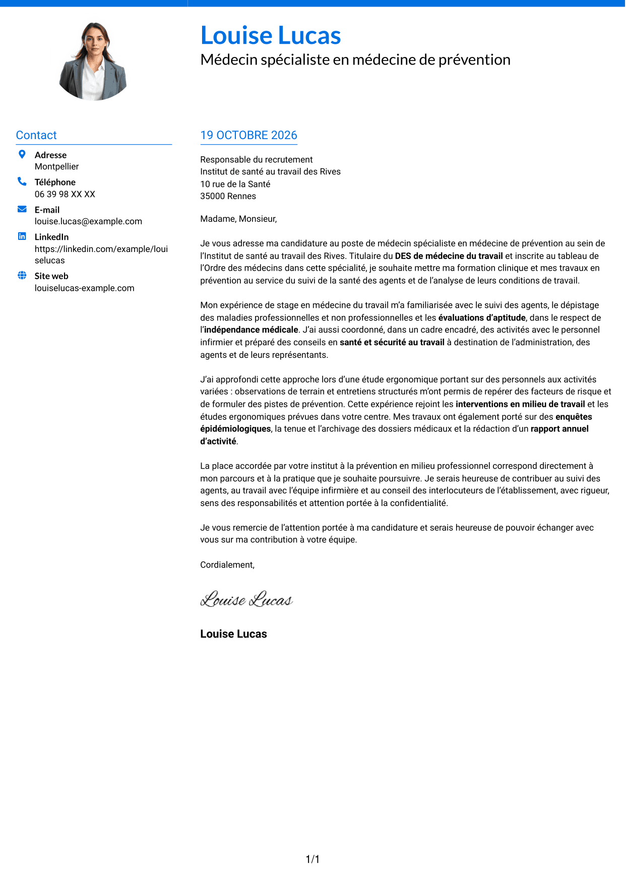 Lettre de motivation Audacieux (format à deux colonnes avec accents colorés et photo) : Médecin spécialiste en médecine de prévention, page 1
