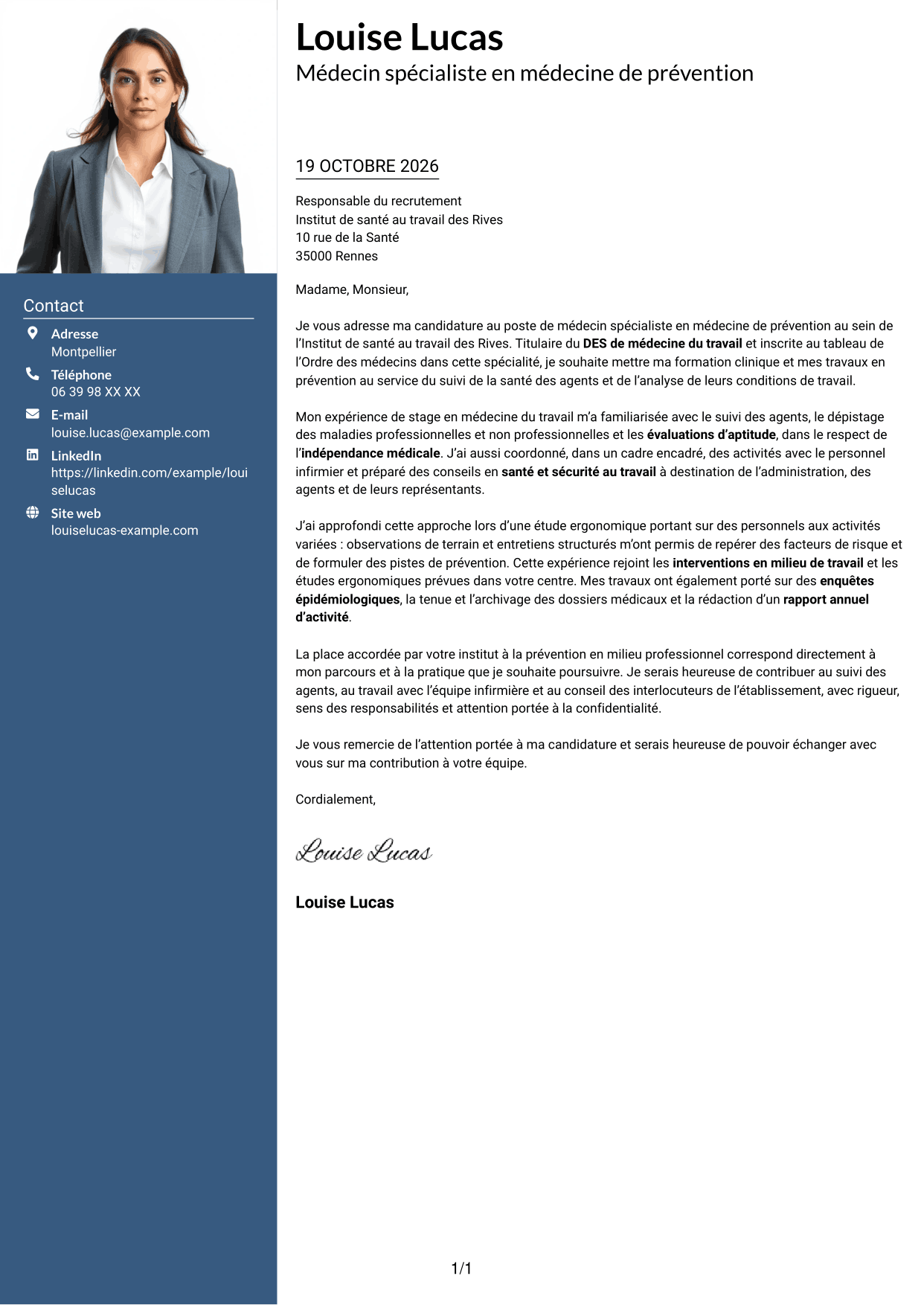 Lettre de motivation Signature (format à colonne latérale colorée avec grande photo) : Médecin spécialiste en médecine de prévention, page 1