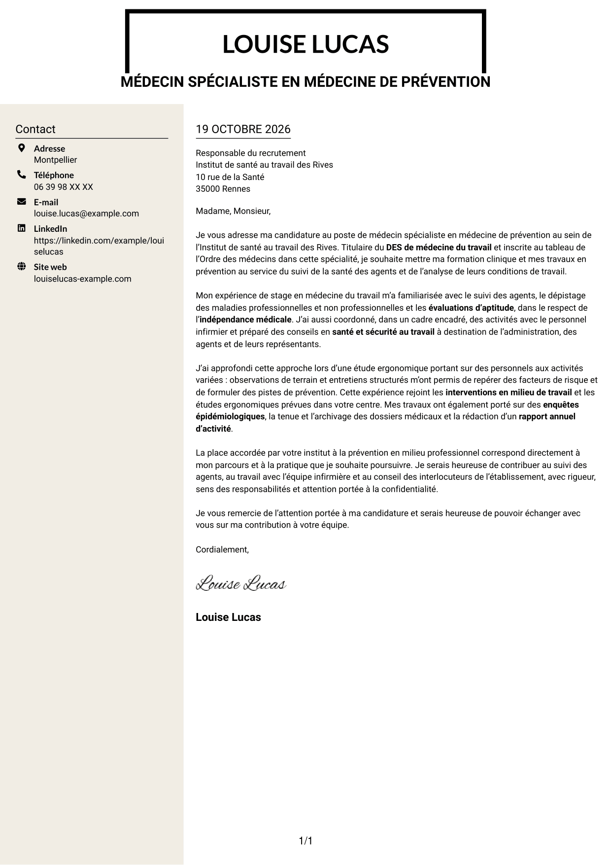 Lettre de motivation Fonceur (format à deux colonnes avec en-tête centré sans photo) : Médecin spécialiste en médecine de prévention, page 1