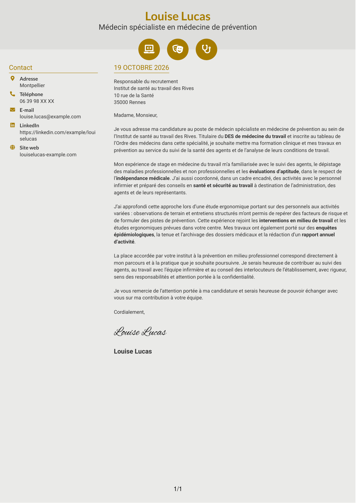 Lettre de motivation Dynamique (format à deux colonnes avec icônes) : Médecin spécialiste en médecine de prévention, page 1