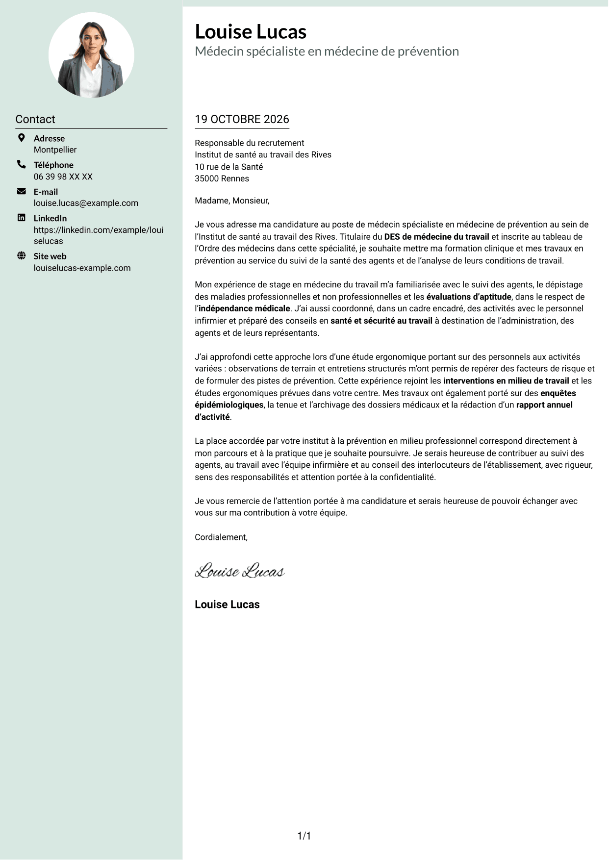 Lettre de motivation Cadre (format à colonne latérale douce avec photo arrondie) : Médecin spécialiste en médecine de prévention, page 1