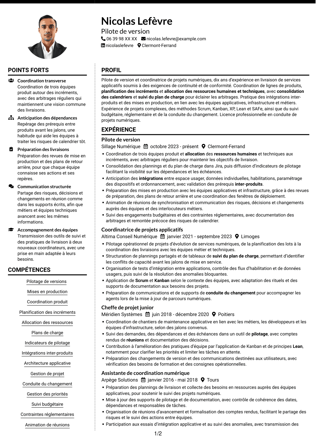 CV Moderne (format à deux colonnes avec photo à gauche et séparateur) : Pilote de version - Coordination des mises en production, page 1