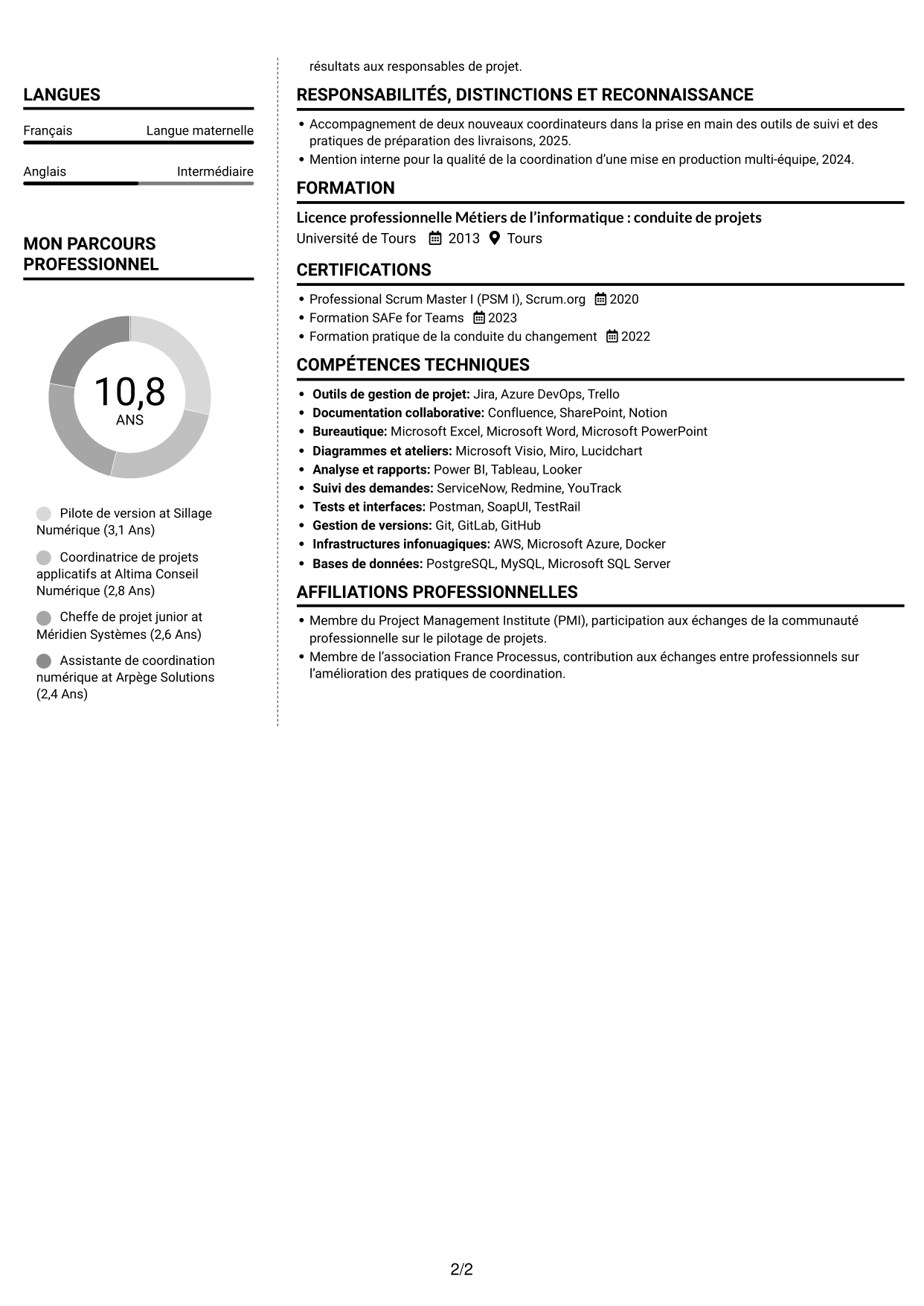 CV Moderne (format à deux colonnes avec photo à gauche et séparateur) : Pilote de version - Coordination des mises en production, page 2