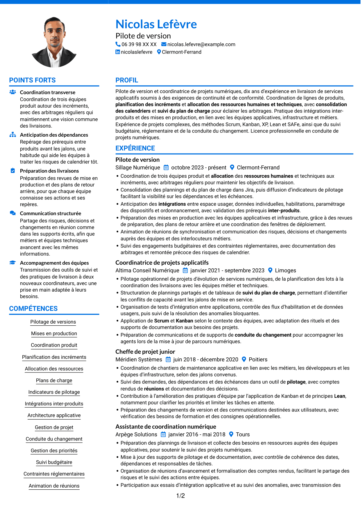 CV Audacieux (format à deux colonnes avec accents colorés et photo) : Pilote de version - Coordination des mises en production, page 1