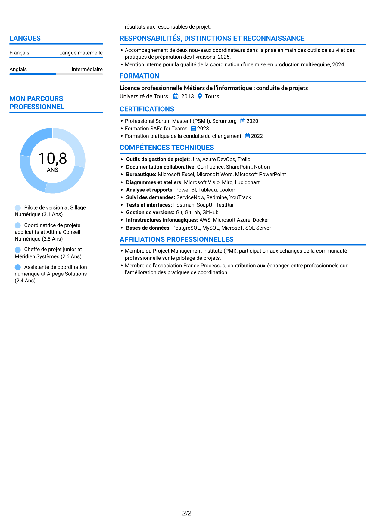 CV Audacieux (format à deux colonnes avec accents colorés et photo) : Pilote de version - Coordination des mises en production, page 2