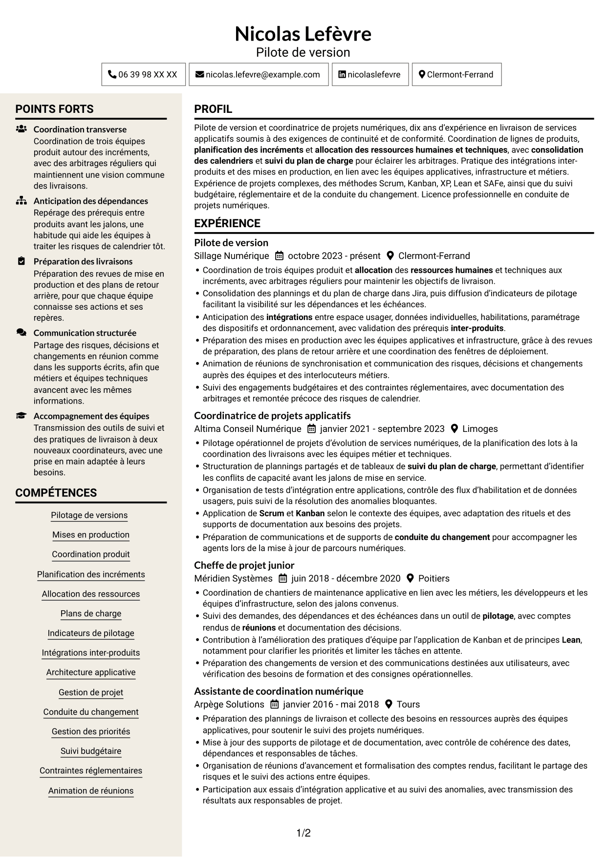 CV Fonceur (format à deux colonnes avec en-tête centré sans photo) : Pilote de version - Coordination des mises en production, page 1