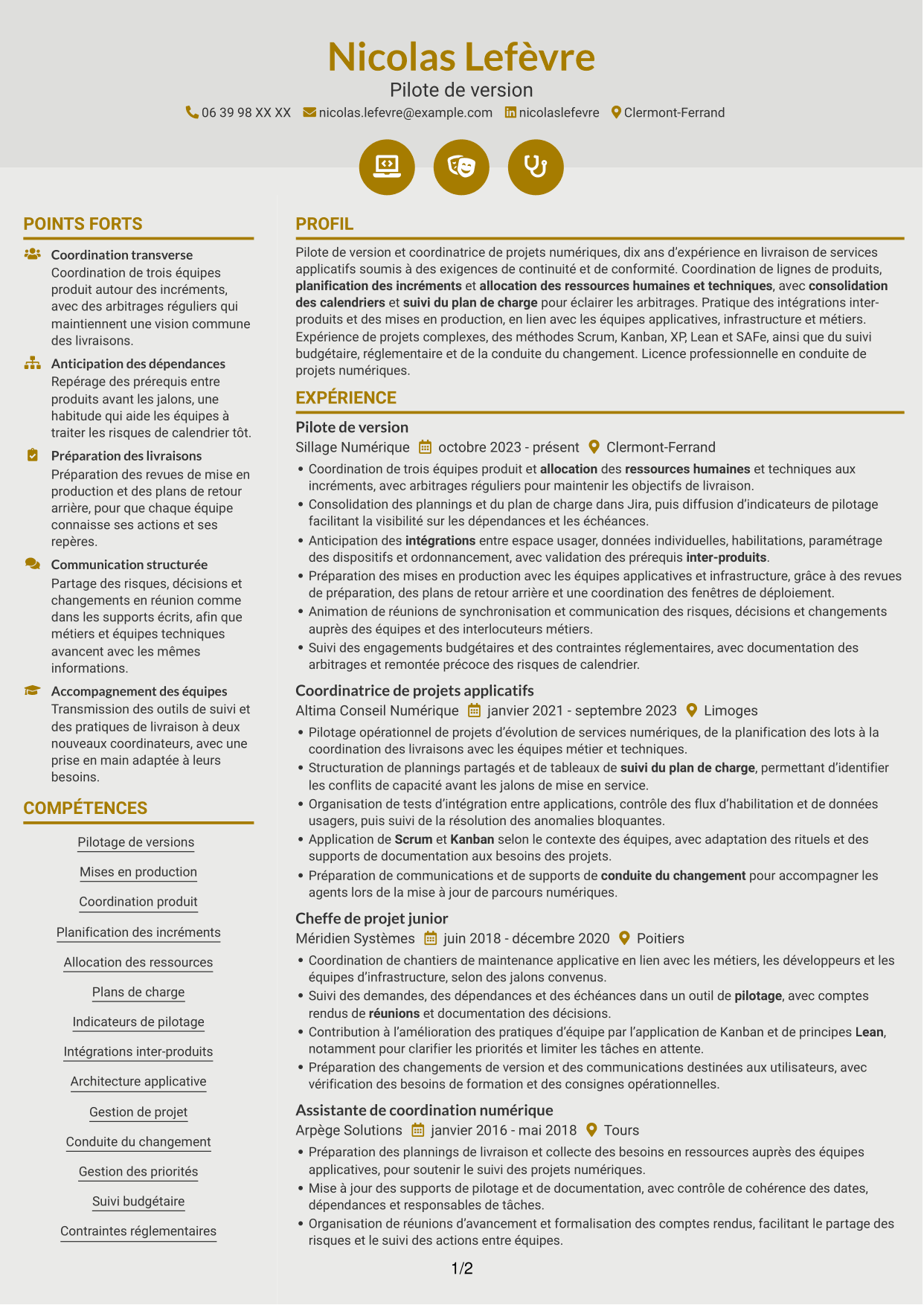 CV Dynamique (format à deux colonnes avec icônes) : Pilote de version - Coordination des mises en production, page 1