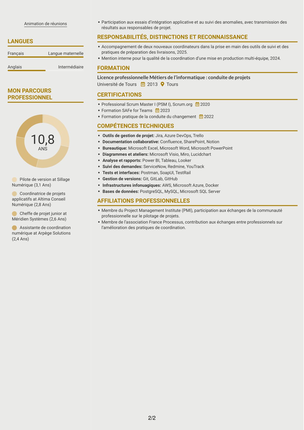 CV Dynamique (format à deux colonnes avec icônes) : Pilote de version - Coordination des mises en production, page 2