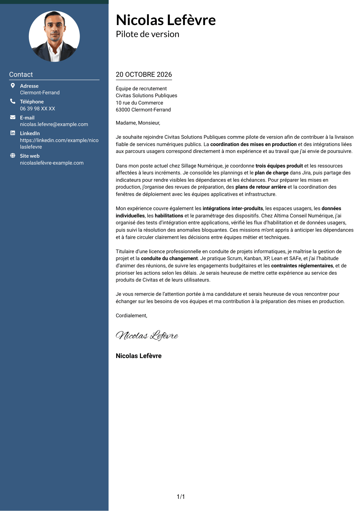Lettre de motivation Élégant (format à colonne latérale colorée avec photo) : Pilote de version - Coordination des mises en production, page 1