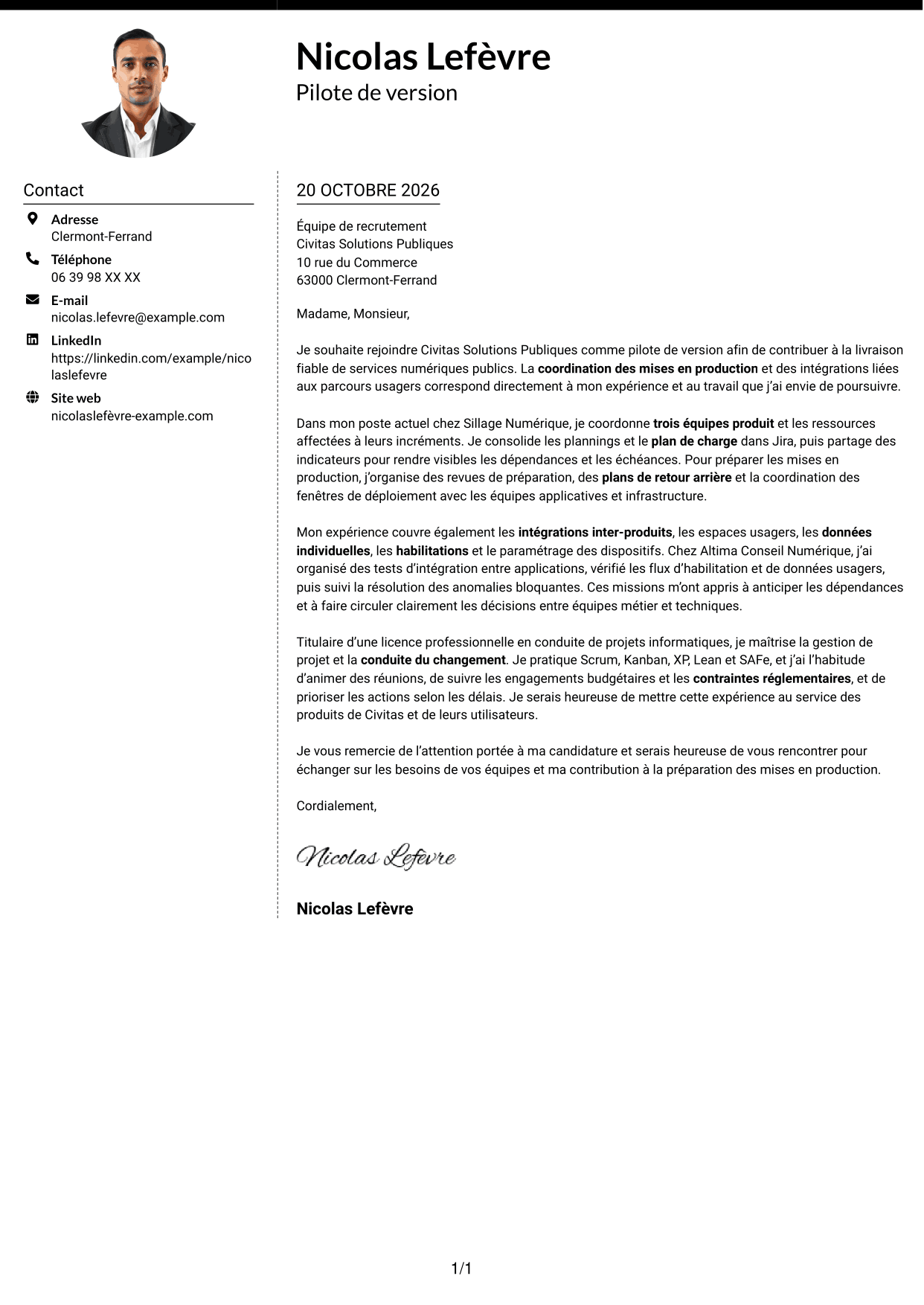 Lettre de motivation Moderne (format à deux colonnes avec photo à gauche et séparateur) : Pilote de version - Coordination des mises en production, page 1