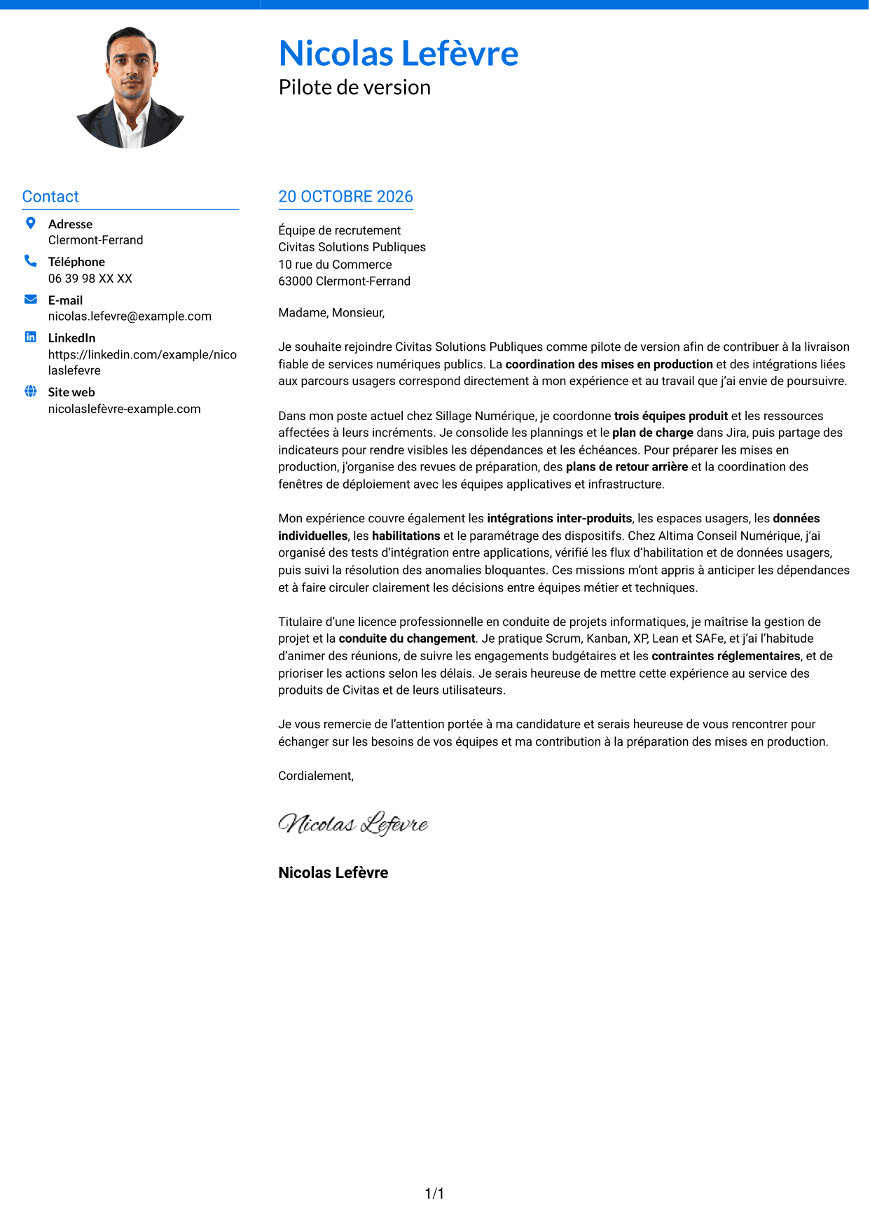 Lettre de motivation Audacieux (format à deux colonnes avec accents colorés et photo) : Pilote de version - Coordination des mises en production, page 1