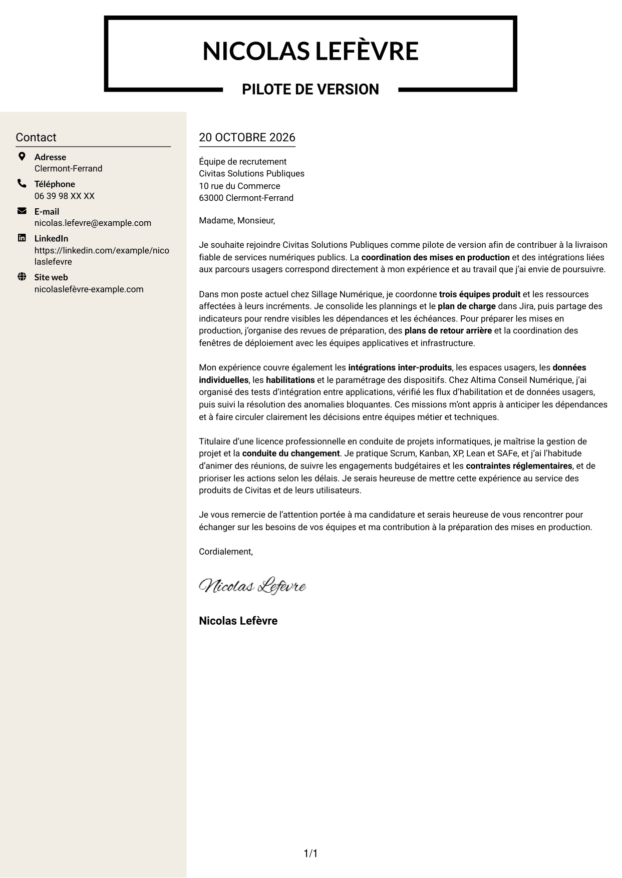 Lettre de motivation Fonceur (format à deux colonnes avec en-tête centré sans photo) : Pilote de version - Coordination des mises en production, page 1