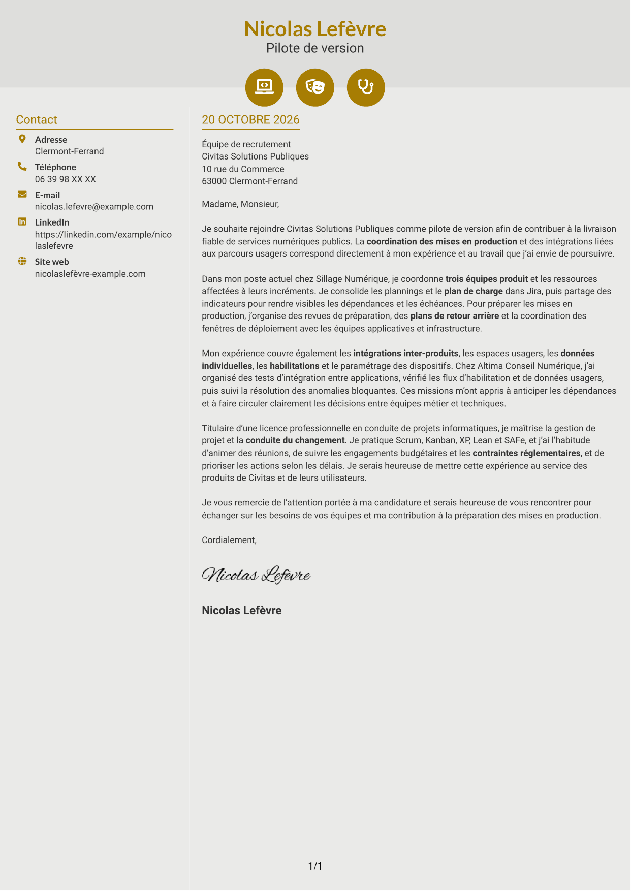 Lettre de motivation Dynamique (format à deux colonnes avec icônes) : Pilote de version - Coordination des mises en production, page 1