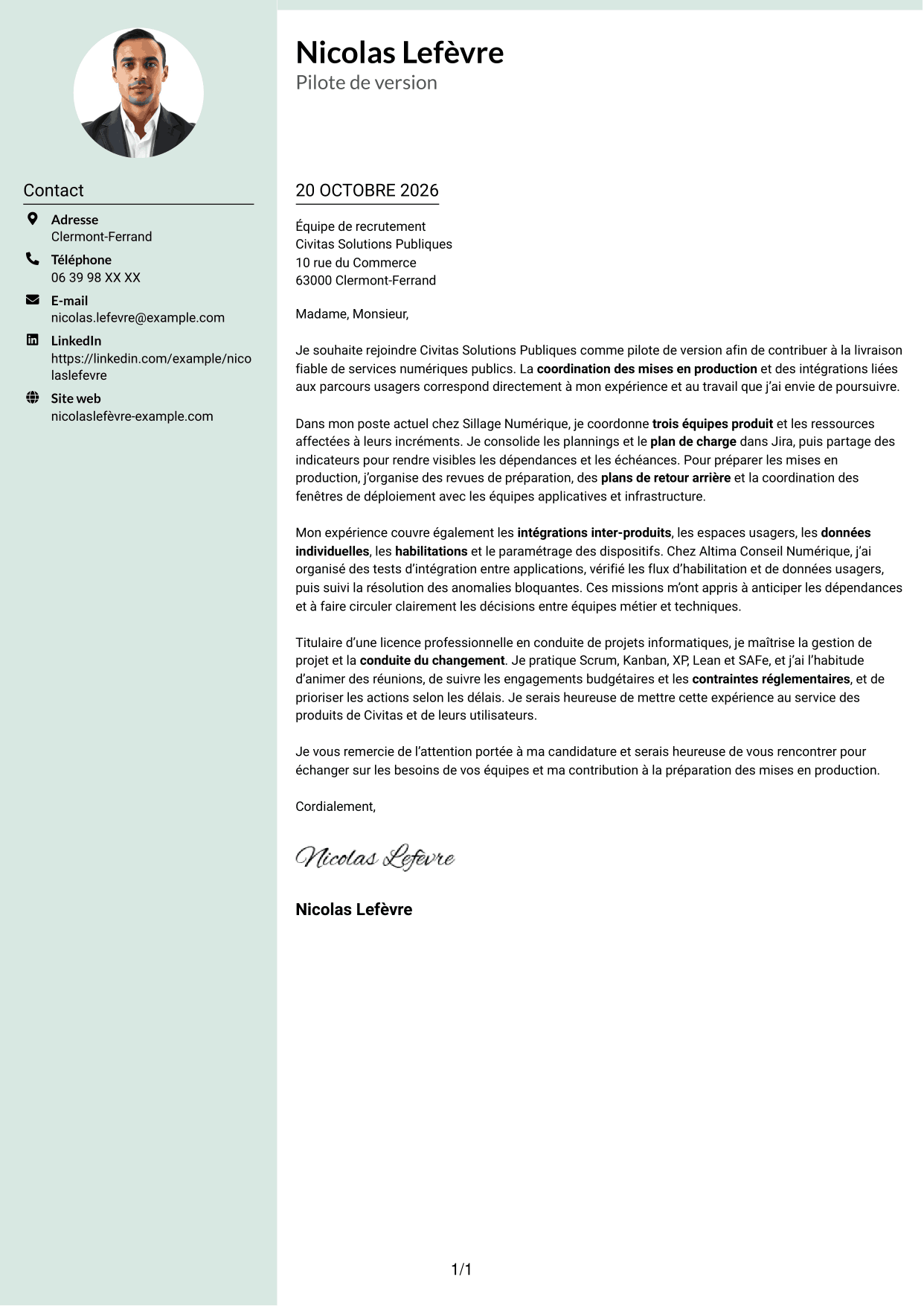 Lettre de motivation Cadre (format à colonne latérale douce avec photo arrondie) : Pilote de version - Coordination des mises en production, page 1