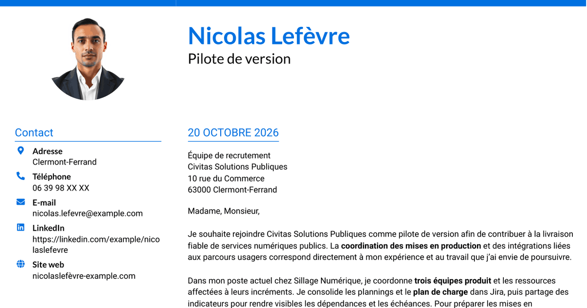 7 modèles de lettre de motivation pour Pilote de version - Coordination des mises en production, avec exemples